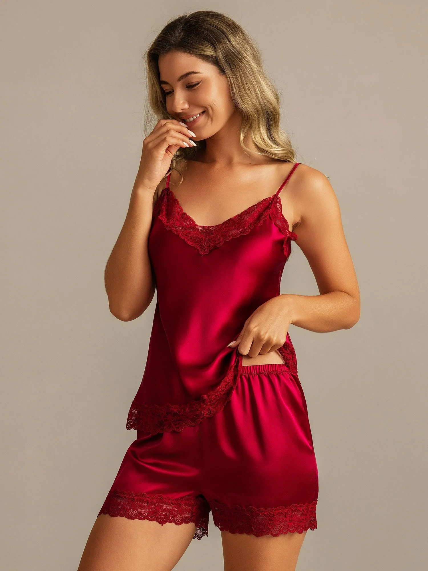 Ren Silke Blondekant Spaghettistrop V Hals Sexet Camisole Sæt - Image 3