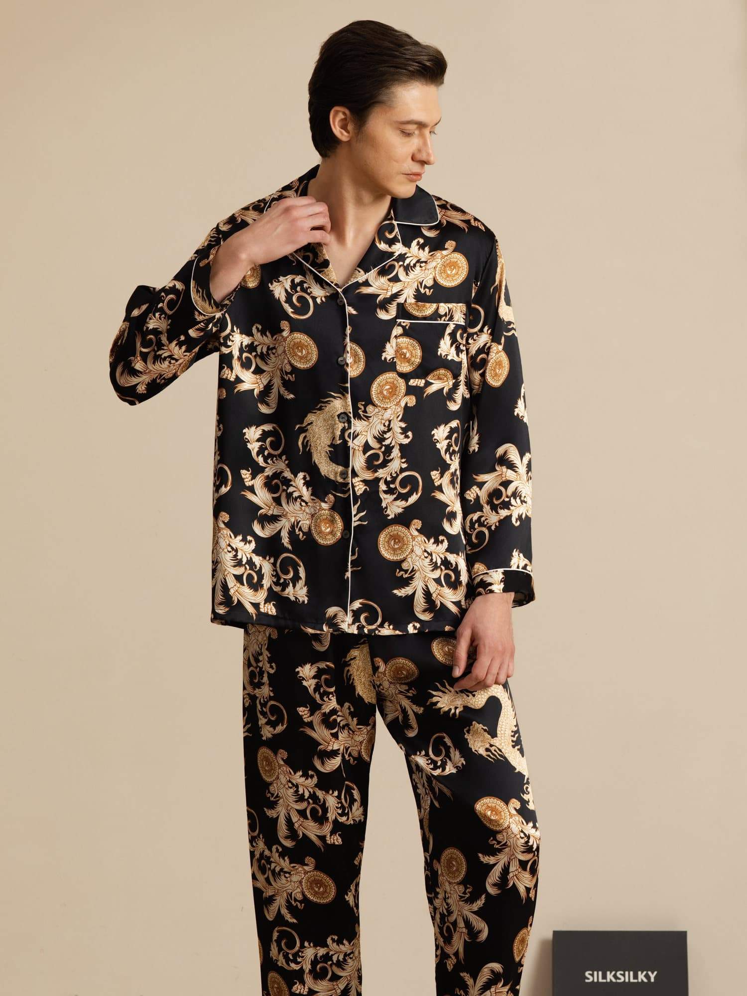 Pure Silke Herre Drage Print Langærmet Notch Krave Pyjamasæt - Image 11
