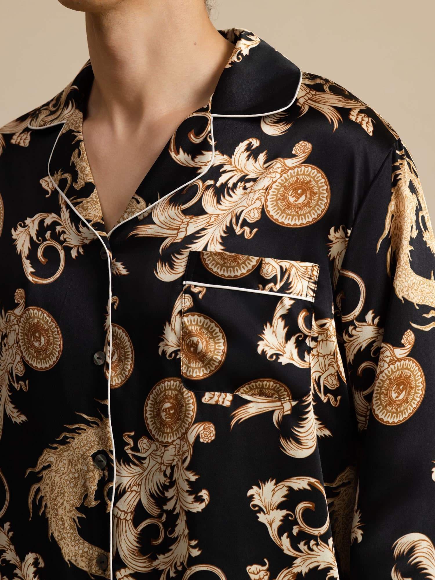 Pure Silke Herre Drage Print Langærmet Notch Krave Pyjamasæt - Image 12