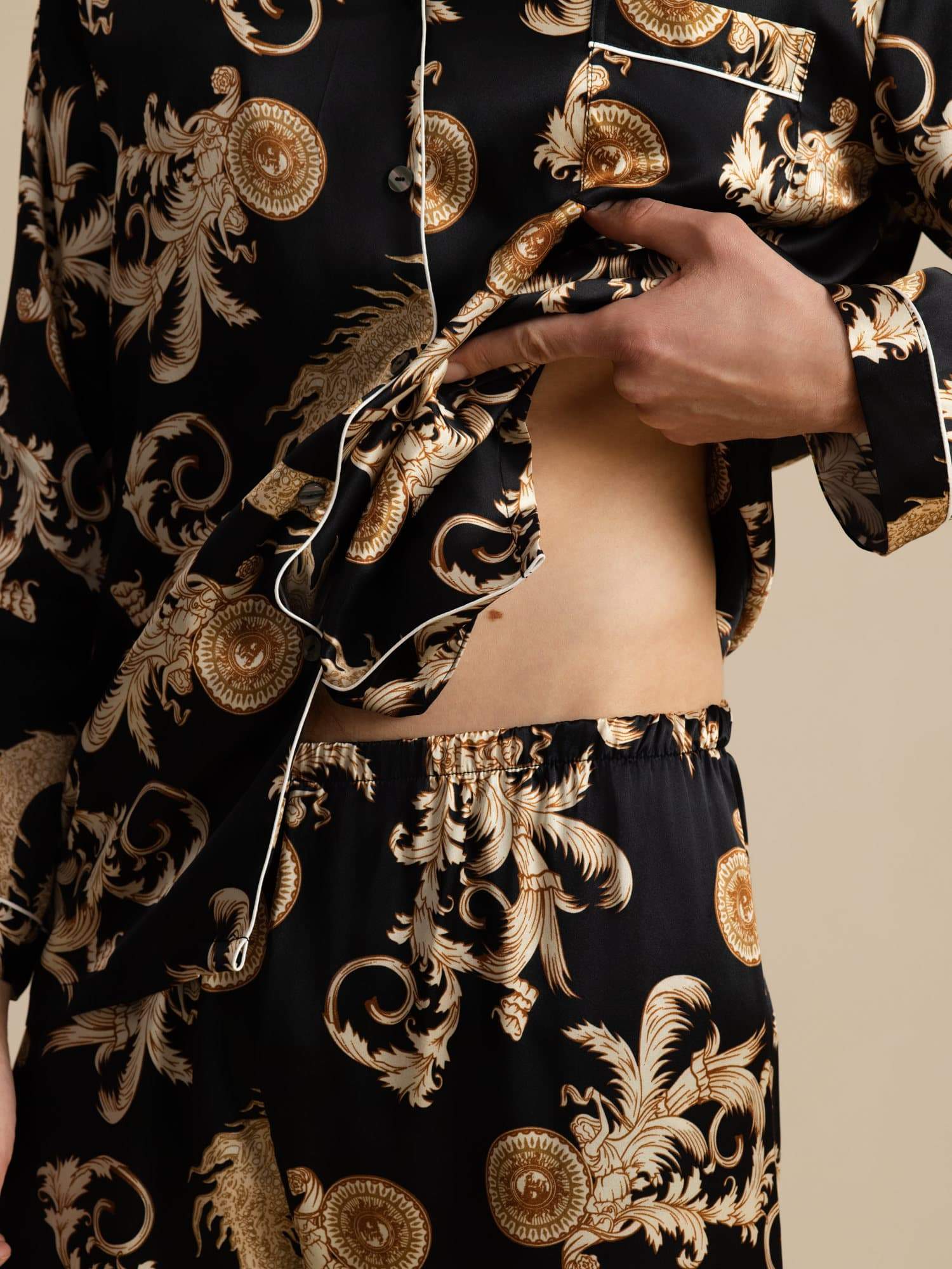 Pure Silke Herre Drage Print Langærmet Notch Krave Pyjamasæt - Image 13
