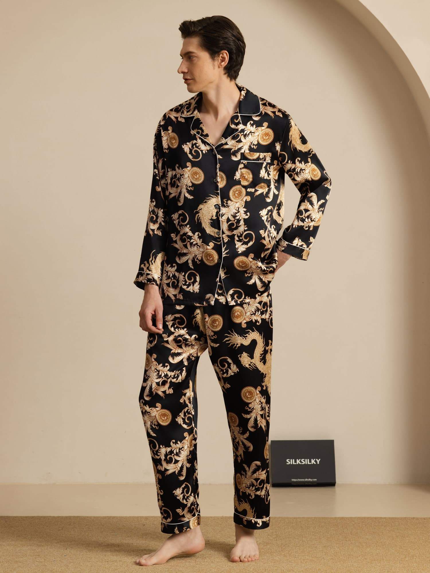 Pure Silke Herre Drage Print Langærmet Notch Krave Pyjamasæt - Image 14
