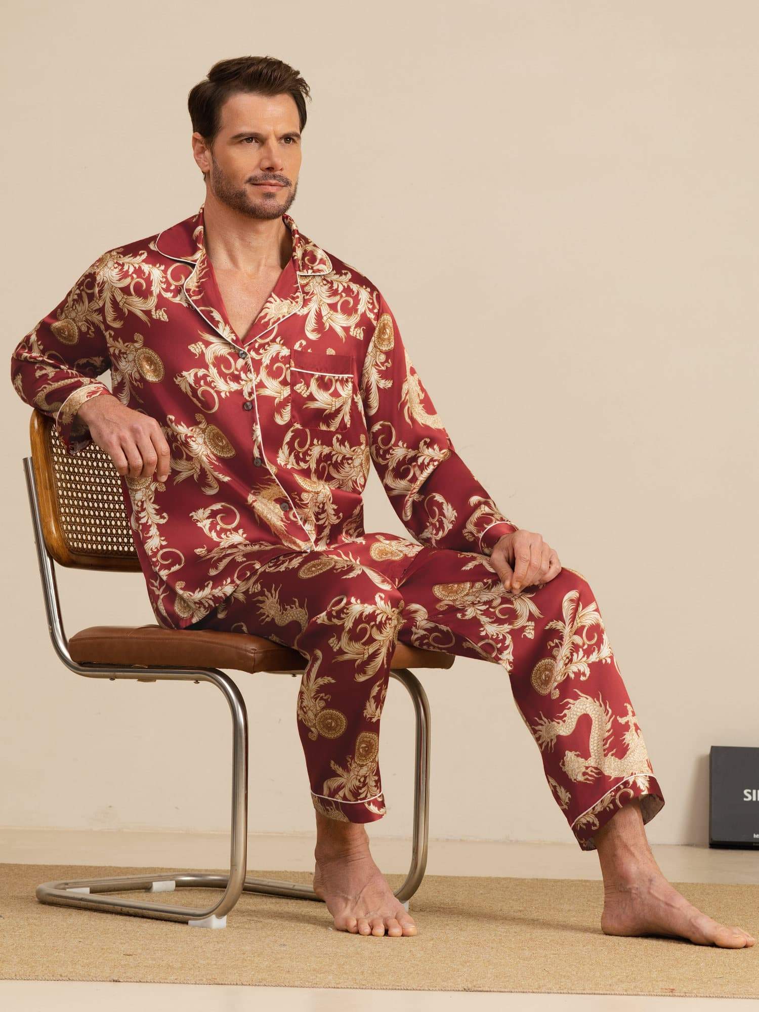 Pure Silke Herre Drage Print Langærmet Notch Krave Pyjamasæt - Image 16