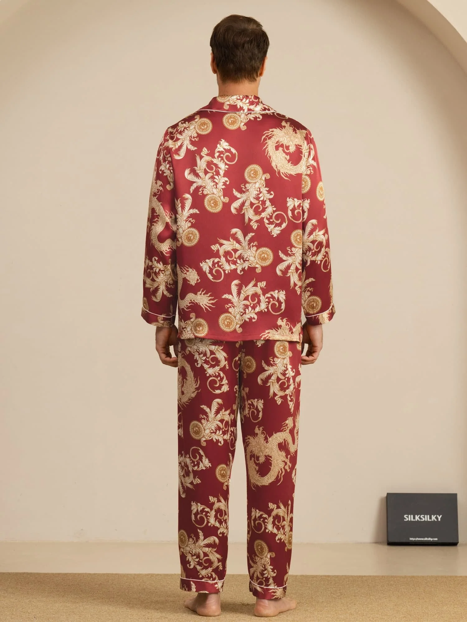 Pure Silke Herre Drage Print Langærmet Notch Krave Pyjamasæt - Image 17