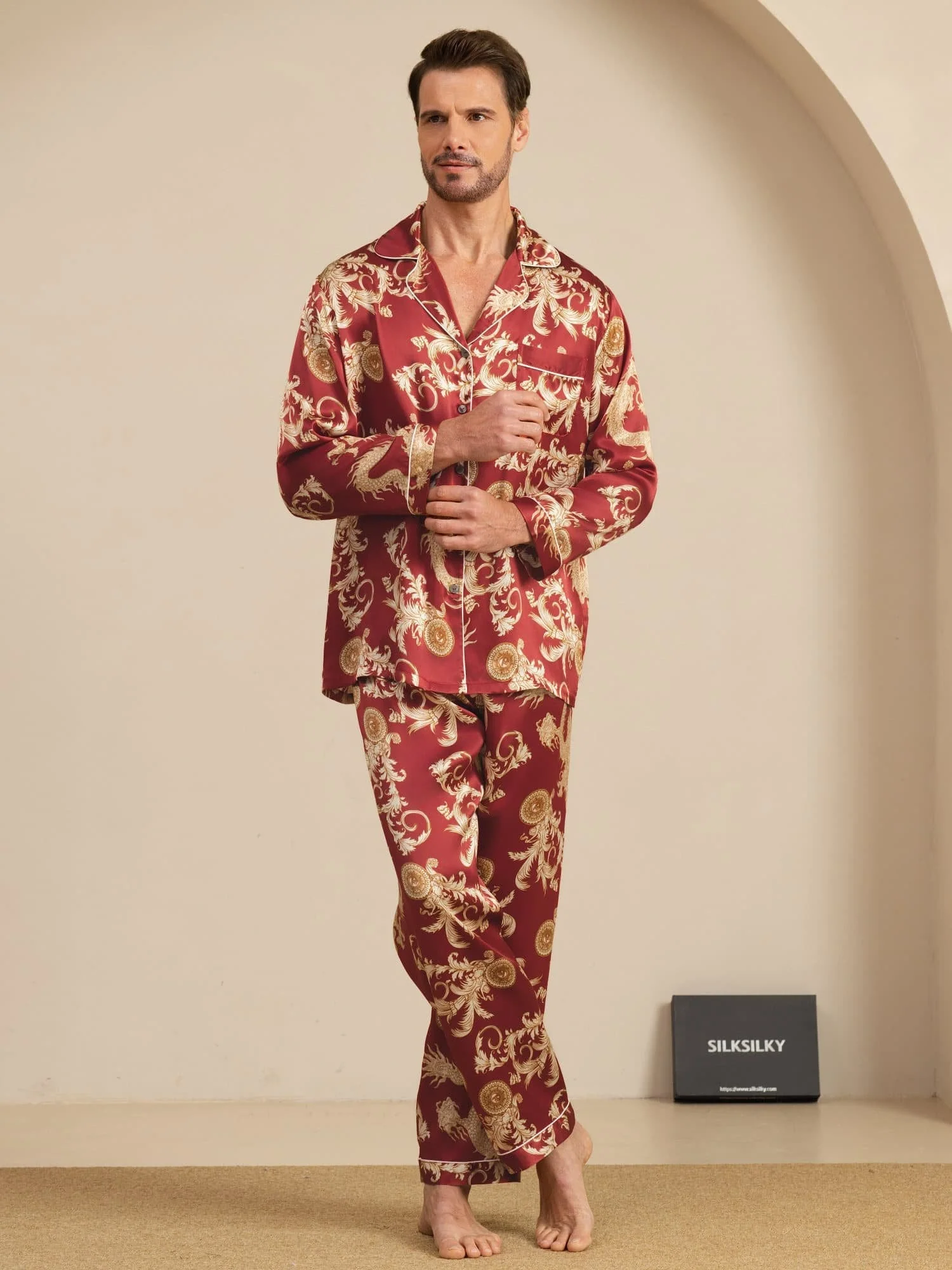 Pure Silke Herre Drage Print Langærmet Notch Krave Pyjamasæt - Image 18