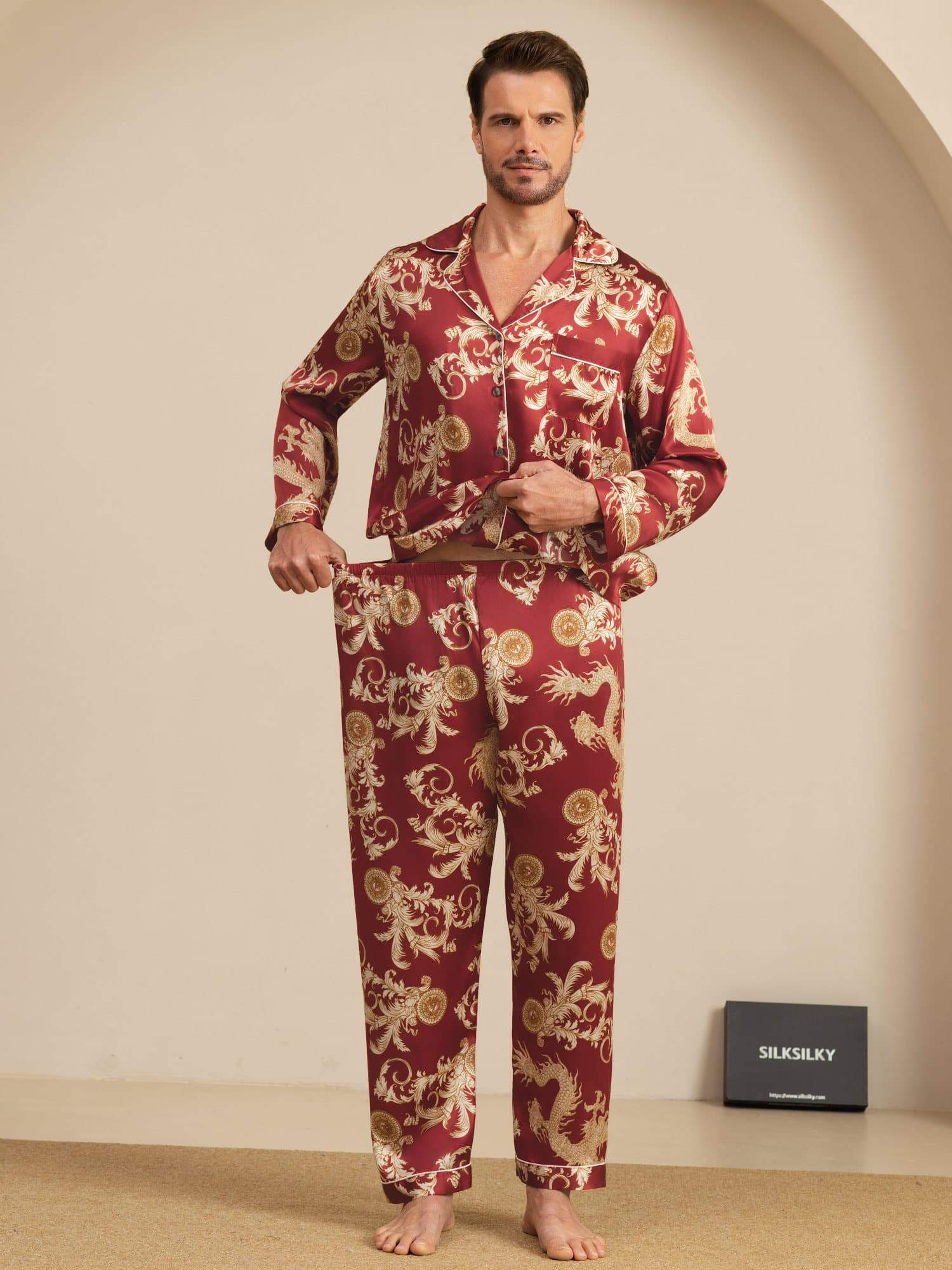 Pure Silke Herre Drage Print Langærmet Notch Krave Pyjamasæt - Image 19
