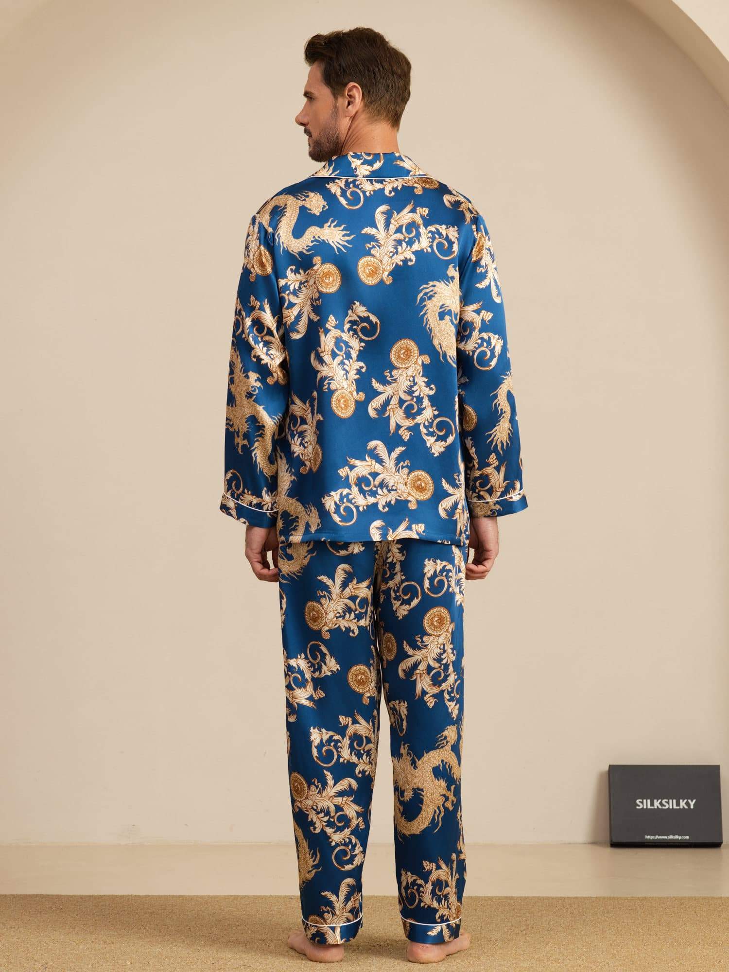 Pure Silke Herre Drage Print Langærmet Notch Krave Pyjamasæt - Image 2