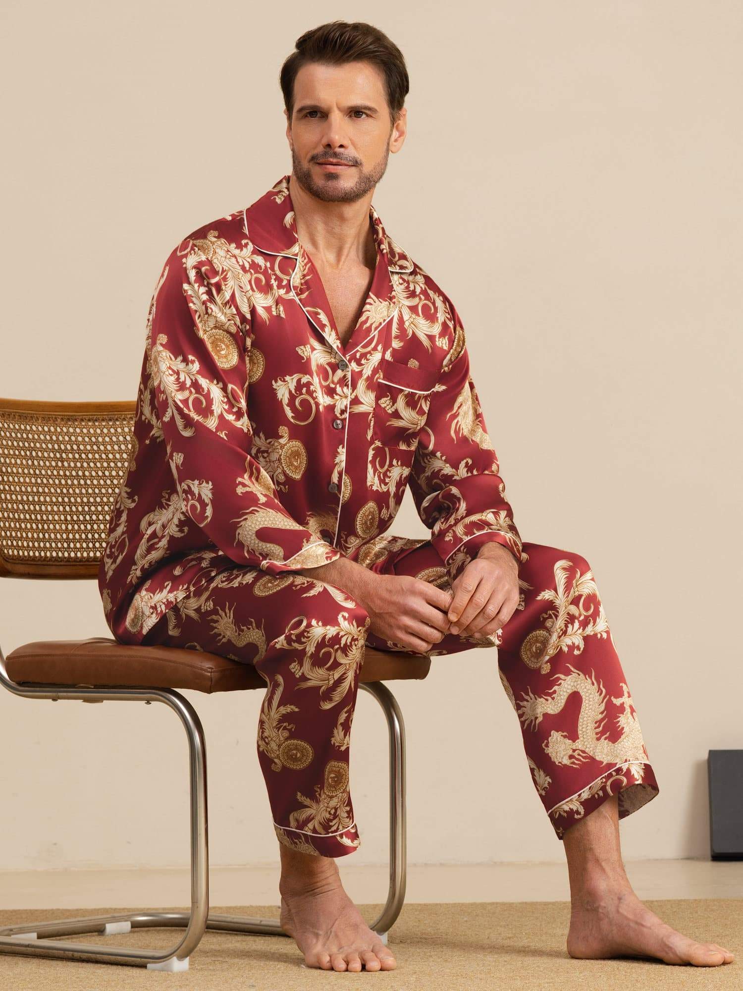 Pure Silke Herre Drage Print Langærmet Notch Krave Pyjamasæt - Image 20