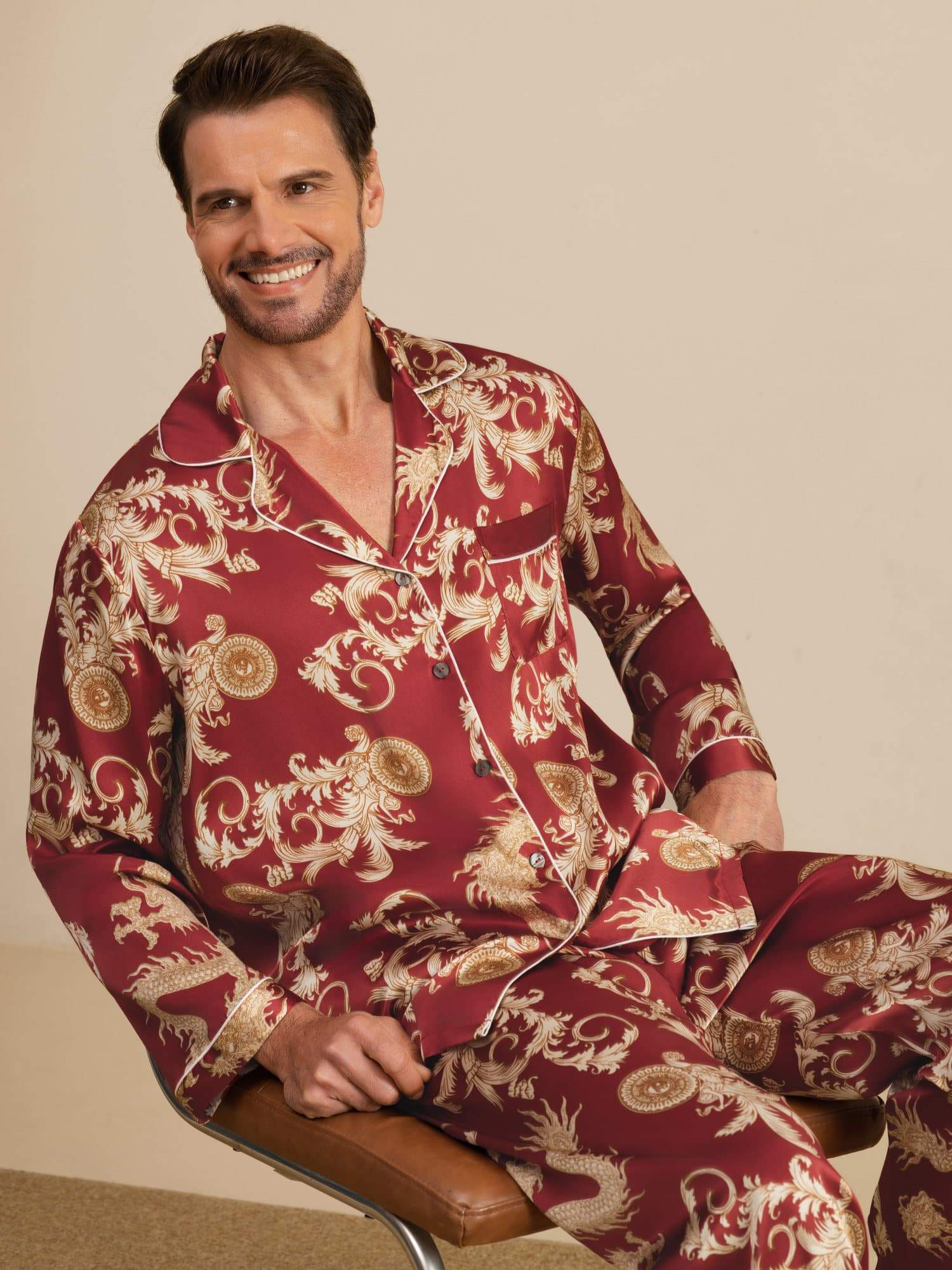 Pure Silke Herre Drage Print Langærmet Notch Krave Pyjamasæt - Image 22