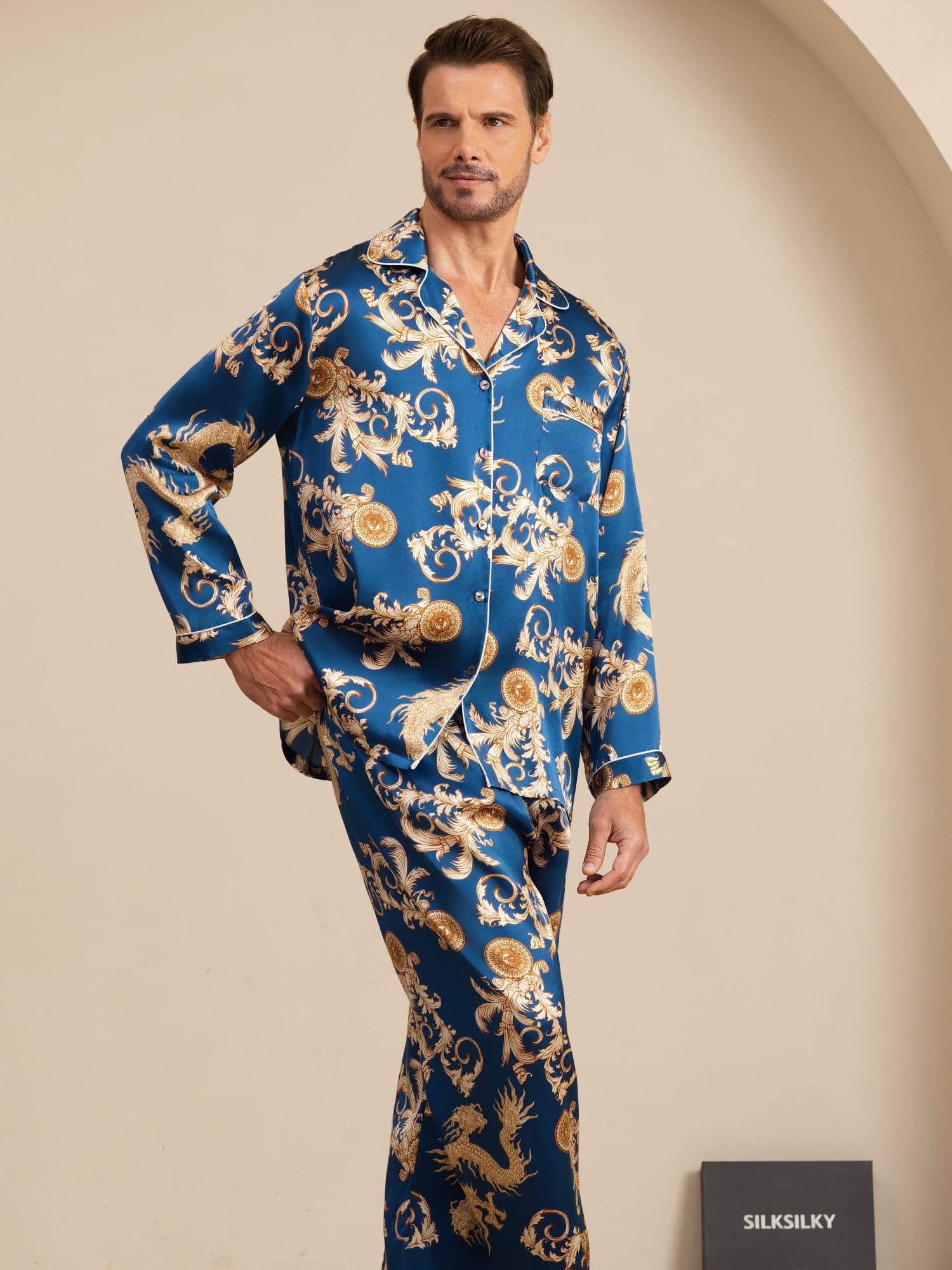 Pure Silke Herre Drage Print Langærmet Notch Krave Pyjamasæt - Image 3