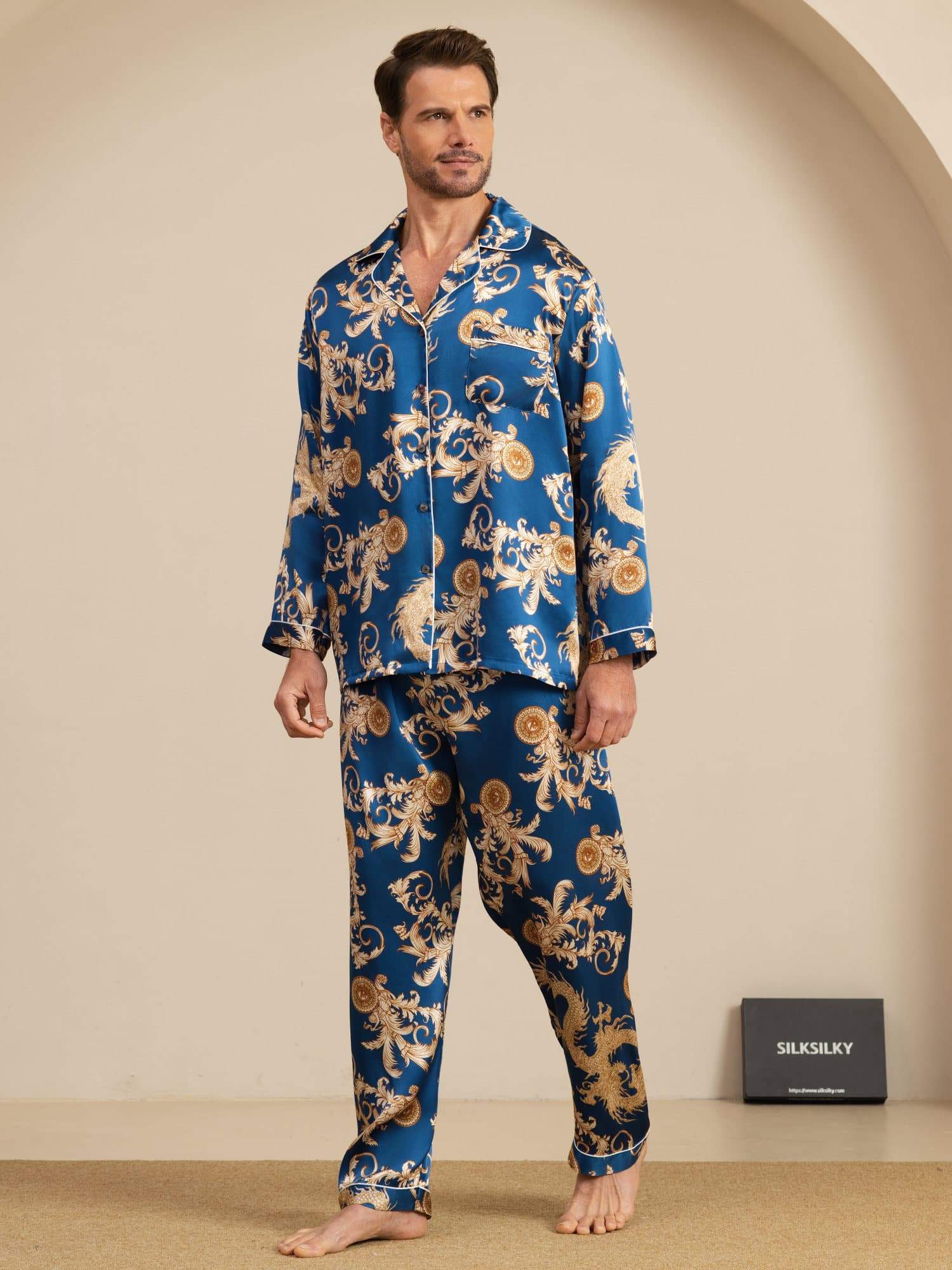 Pure Silke Herre Drage Print Langærmet Notch Krave Pyjamasæt - Image 4