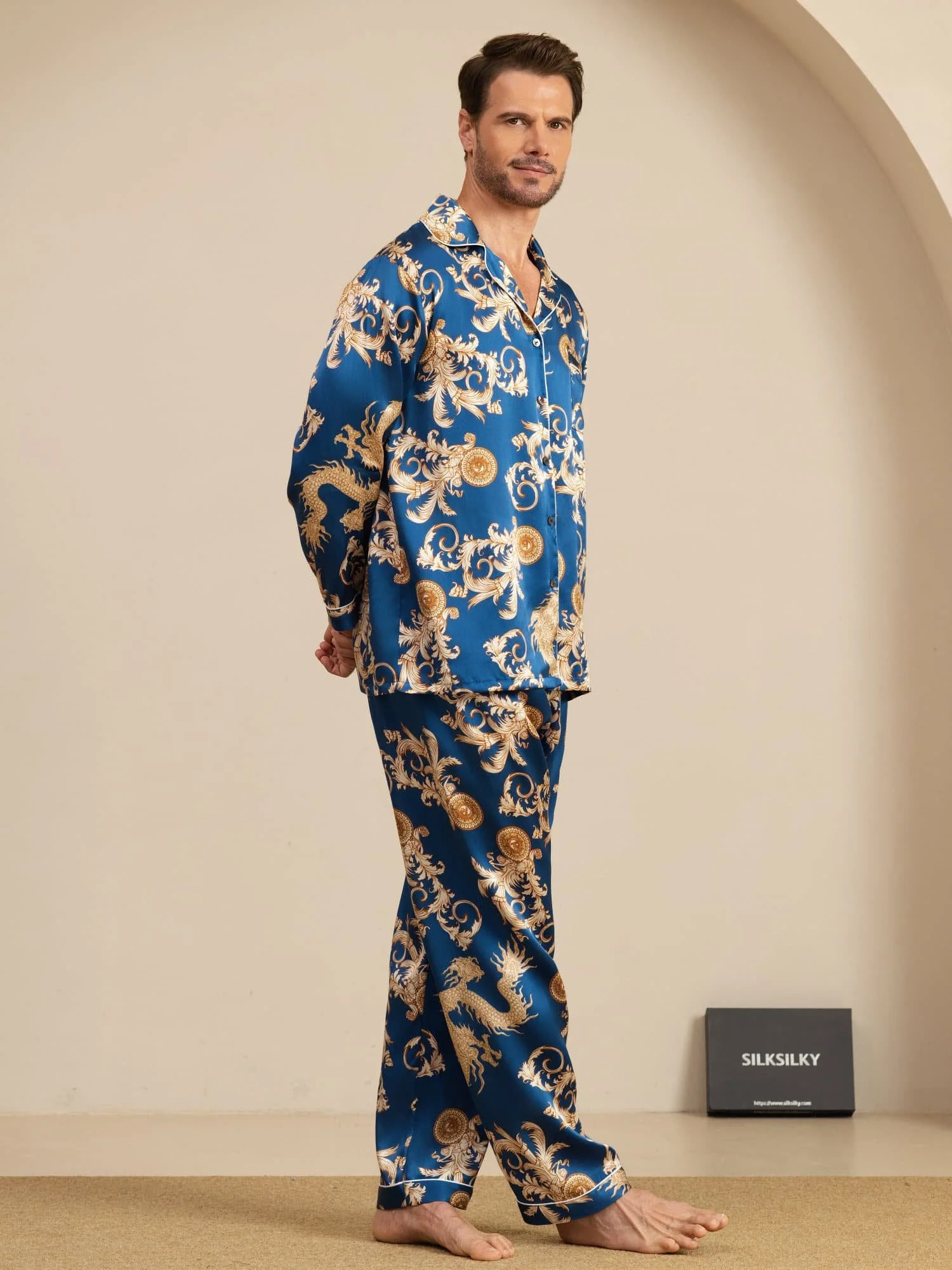 Pure Silke Herre Drage Print Langærmet Notch Krave Pyjamasæt - Image 5