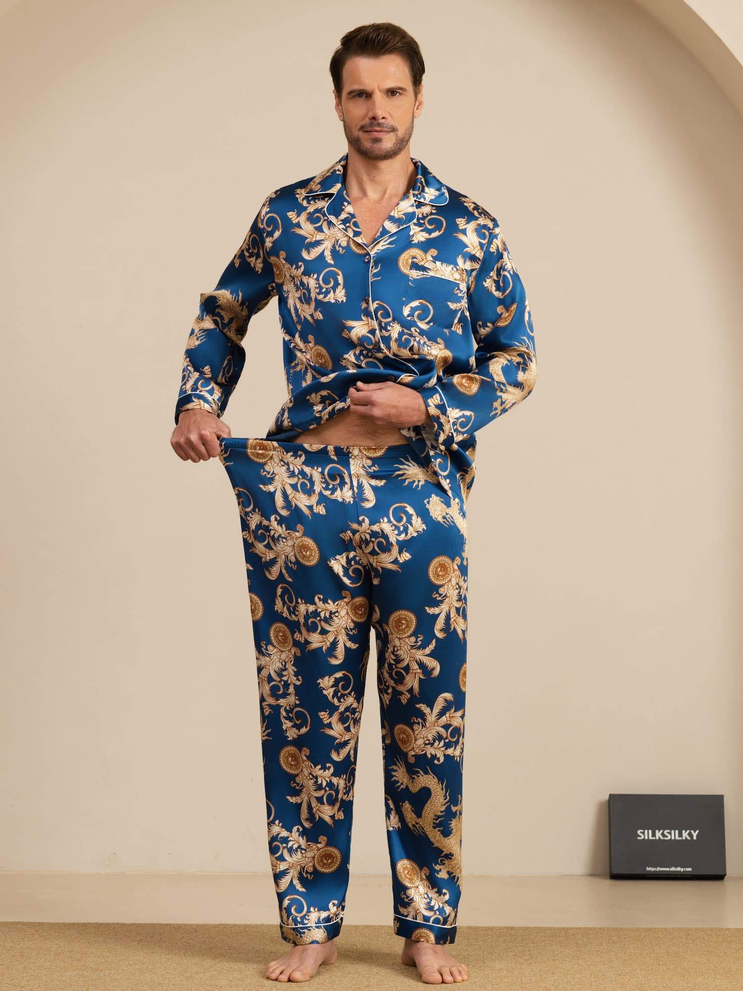 Pure Silke Herre Drage Print Langærmet Notch Krave Pyjamasæt - Image 6