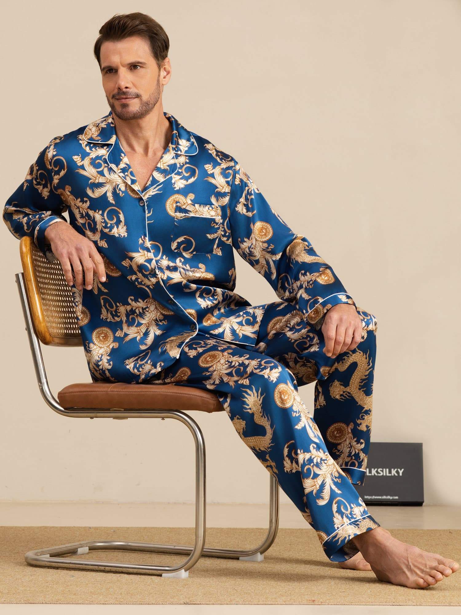 Pure Silke Herre Drage Print Langærmet Notch Krave Pyjamasæt - Image 8