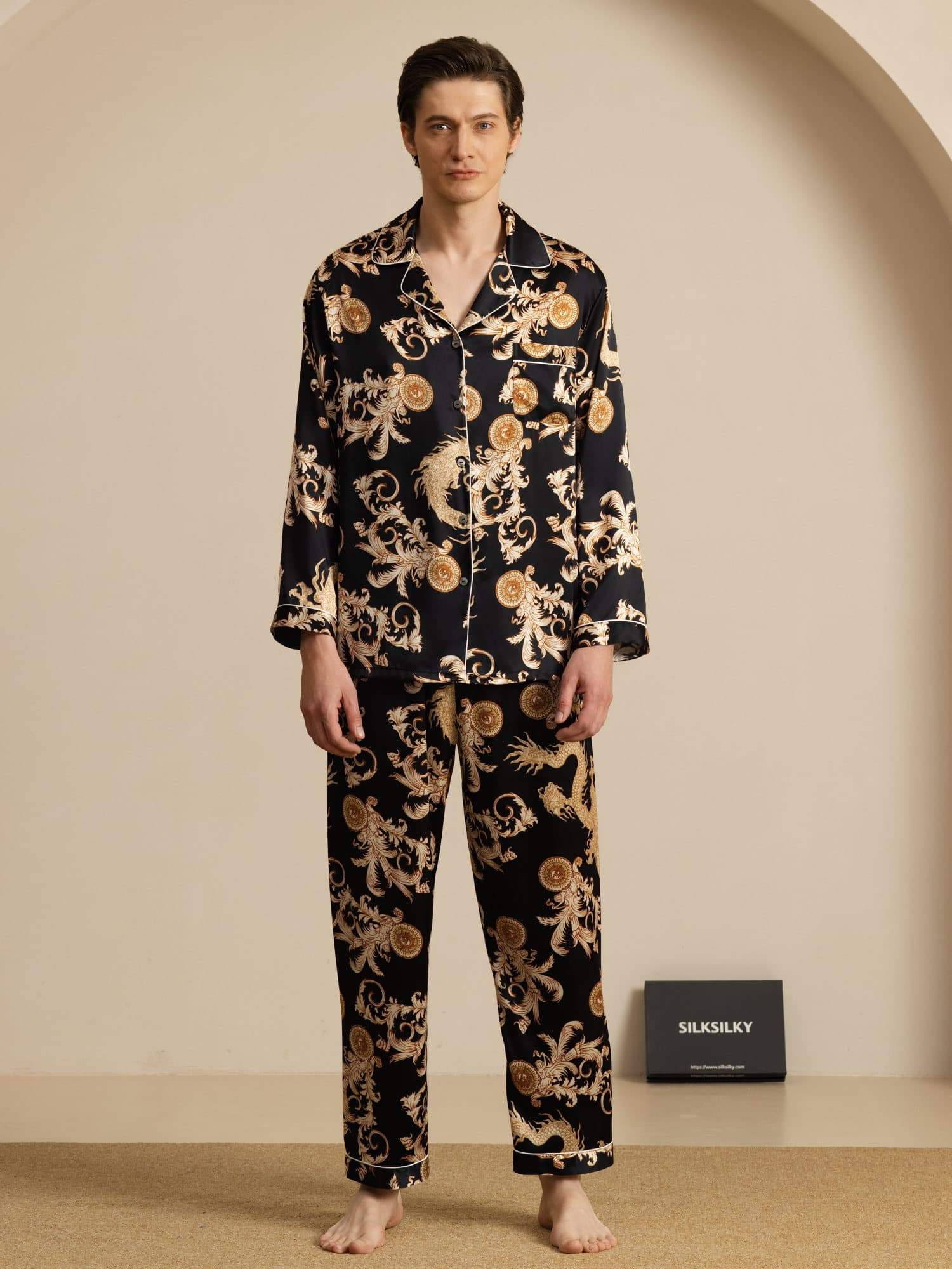 Pure Silke Herre Drage Print Langærmet Notch Krave Pyjamasæt - Image 9