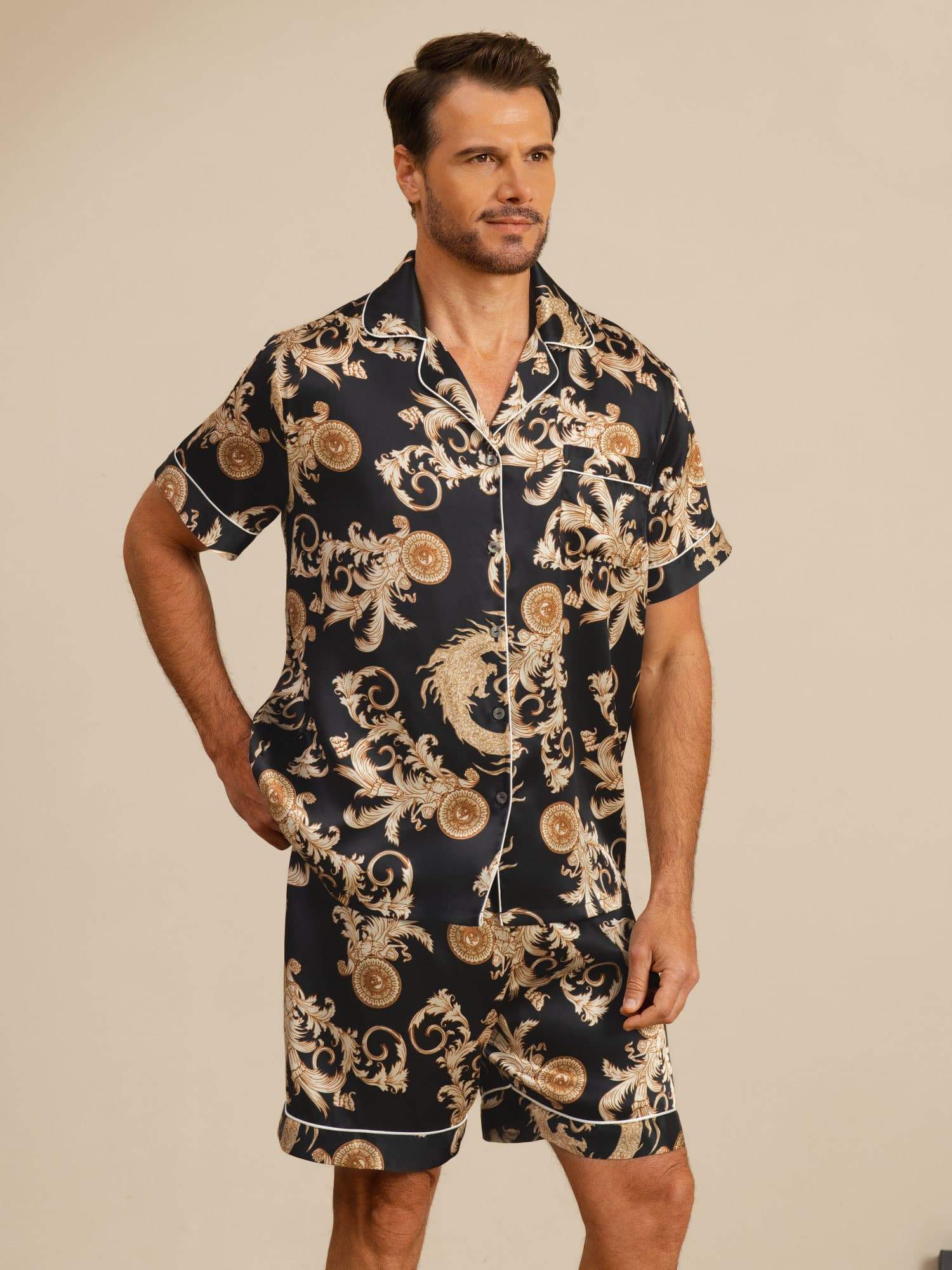 Pure Silke Herre Drage Print Kortærmet Notch Krave Pyjamasæt