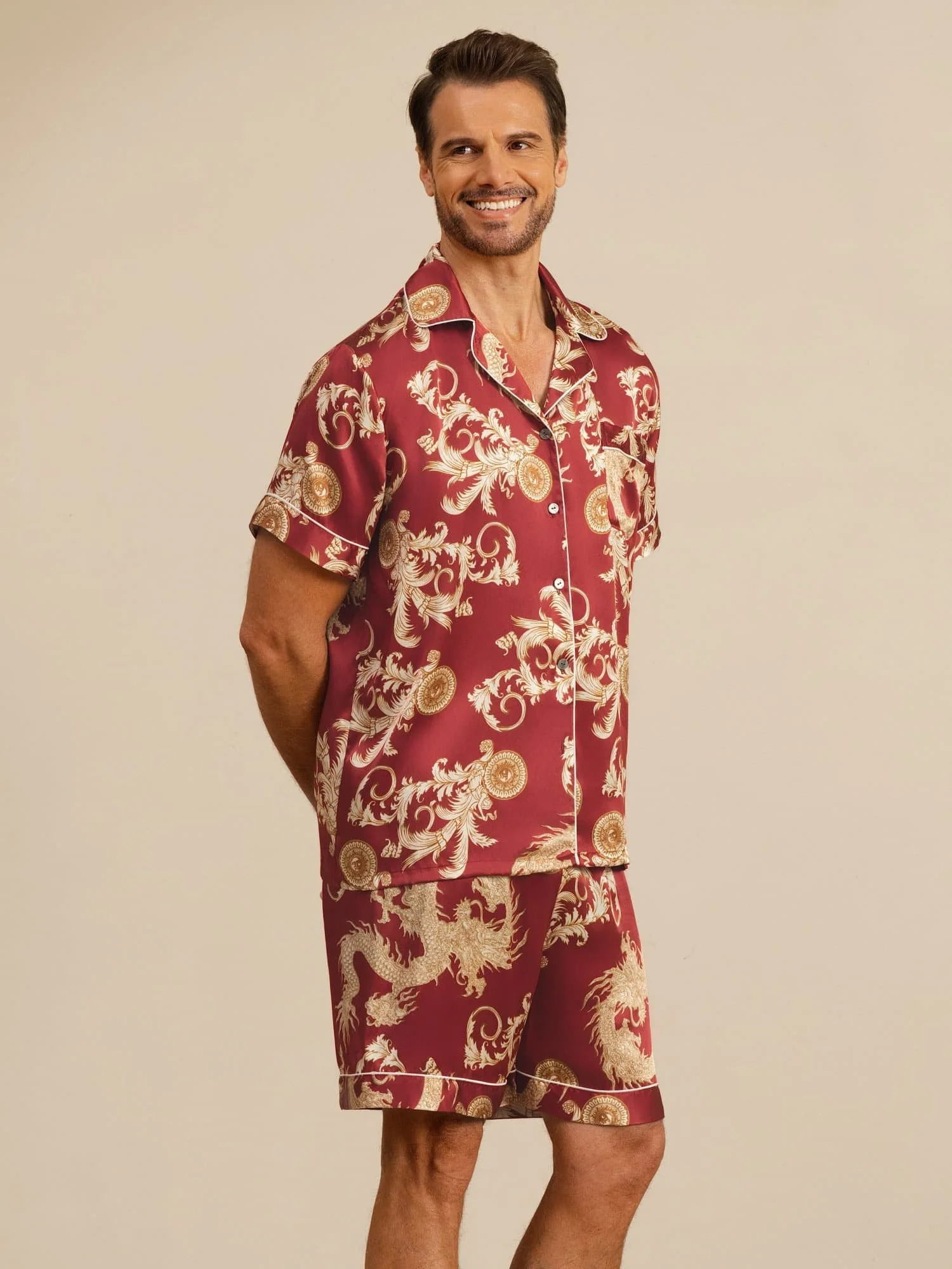 Pure Silke Herre Drage Print Kortærmet Notch Krave Pyjamasæt - Image 10