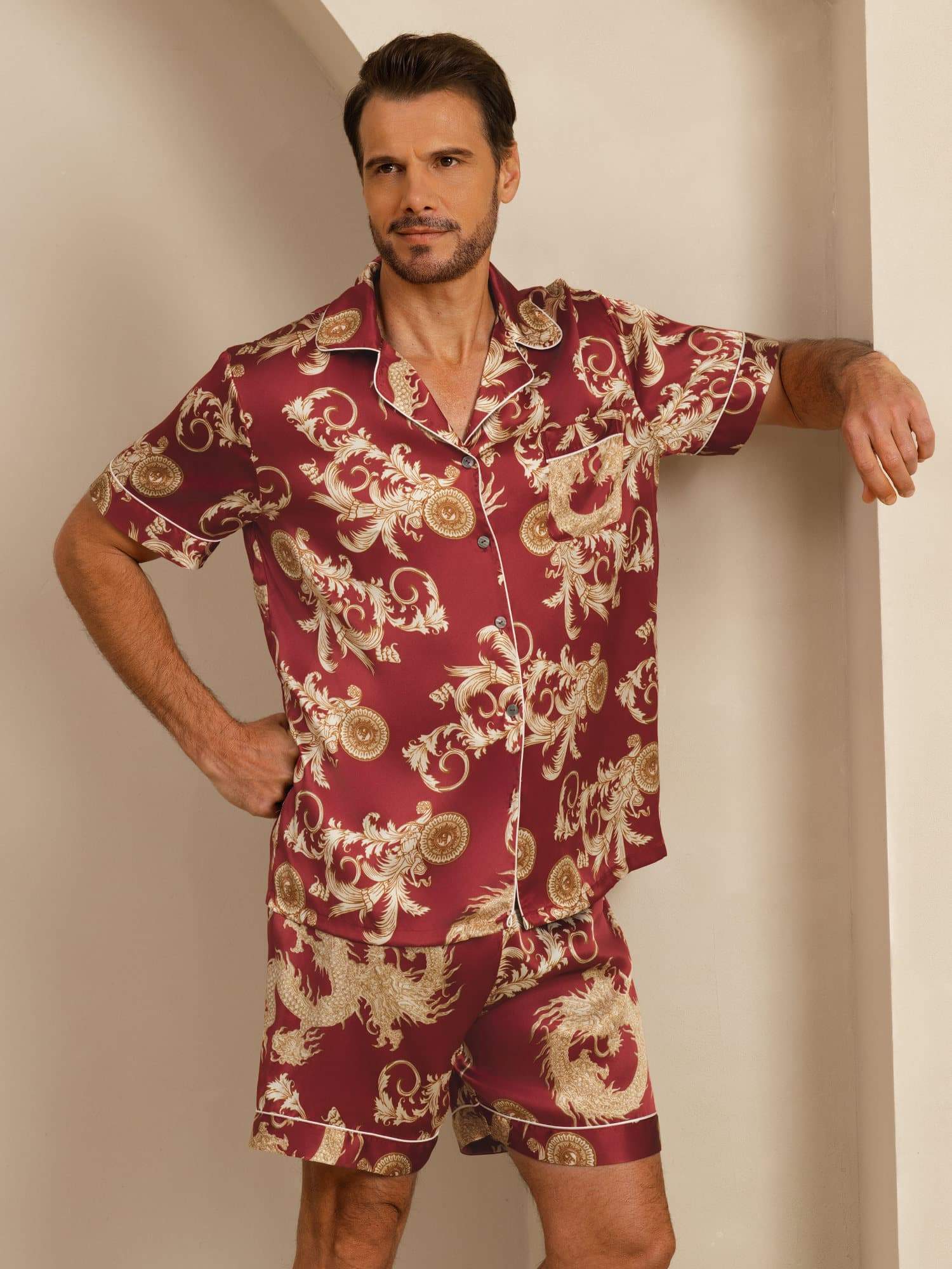 Pure Silke Herre Drage Print Kortærmet Notch Krave Pyjamasæt - Image 11
