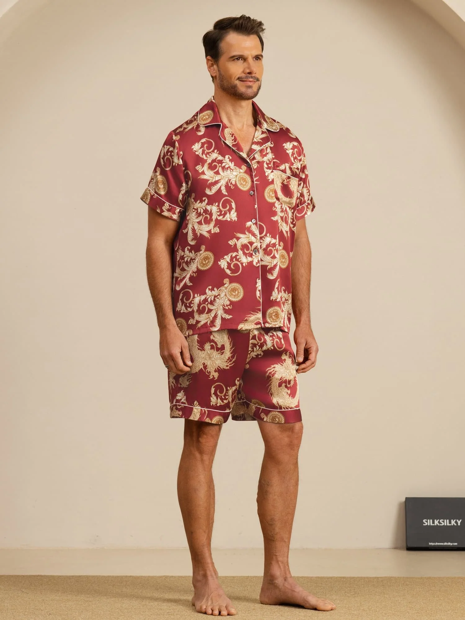 Pure Silke Herre Drage Print Kortærmet Notch Krave Pyjamasæt - Image 13