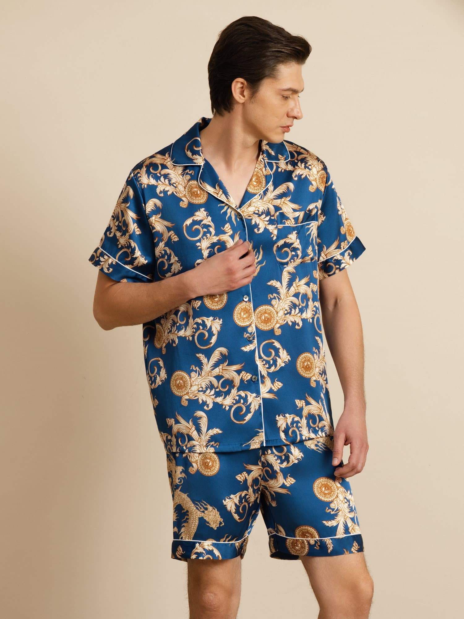 Pure Silke Herre Drage Print Kortærmet Notch Krave Pyjamasæt - Image 15