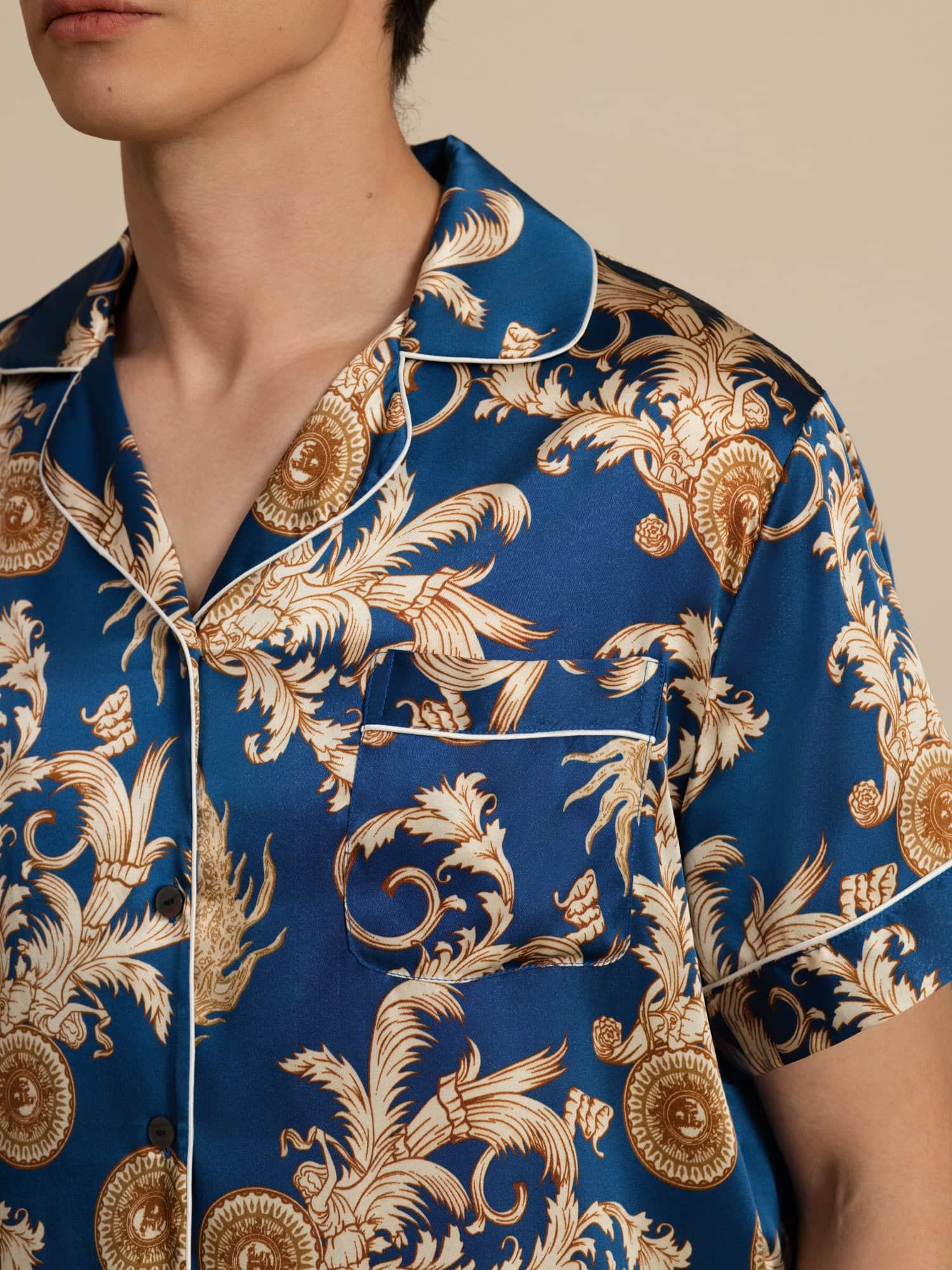 Pure Silke Herre Drage Print Kortærmet Notch Krave Pyjamasæt - Image 16