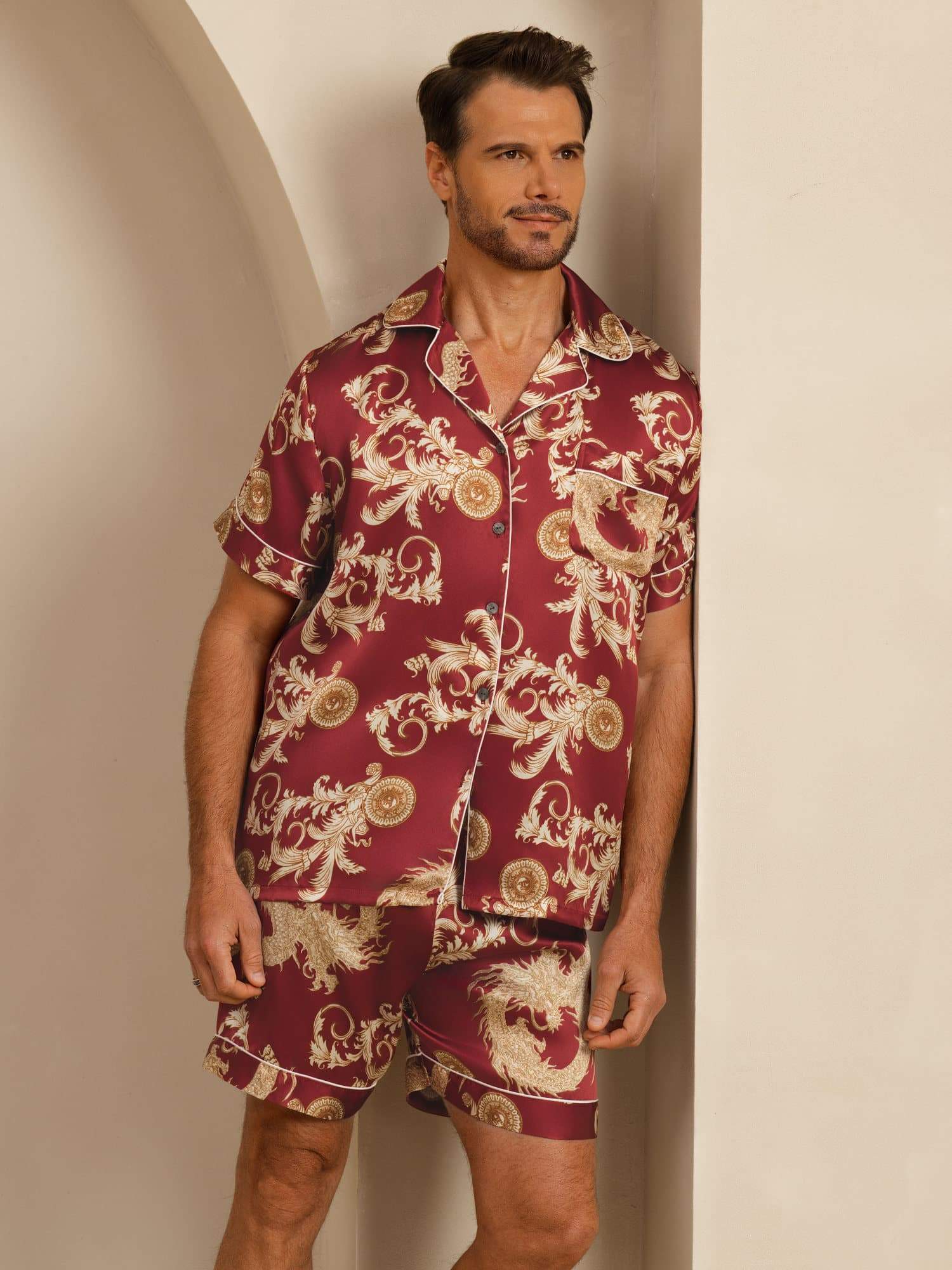 Pure Silke Herre Drage Print Kortærmet Notch Krave Pyjamasæt - Image 8