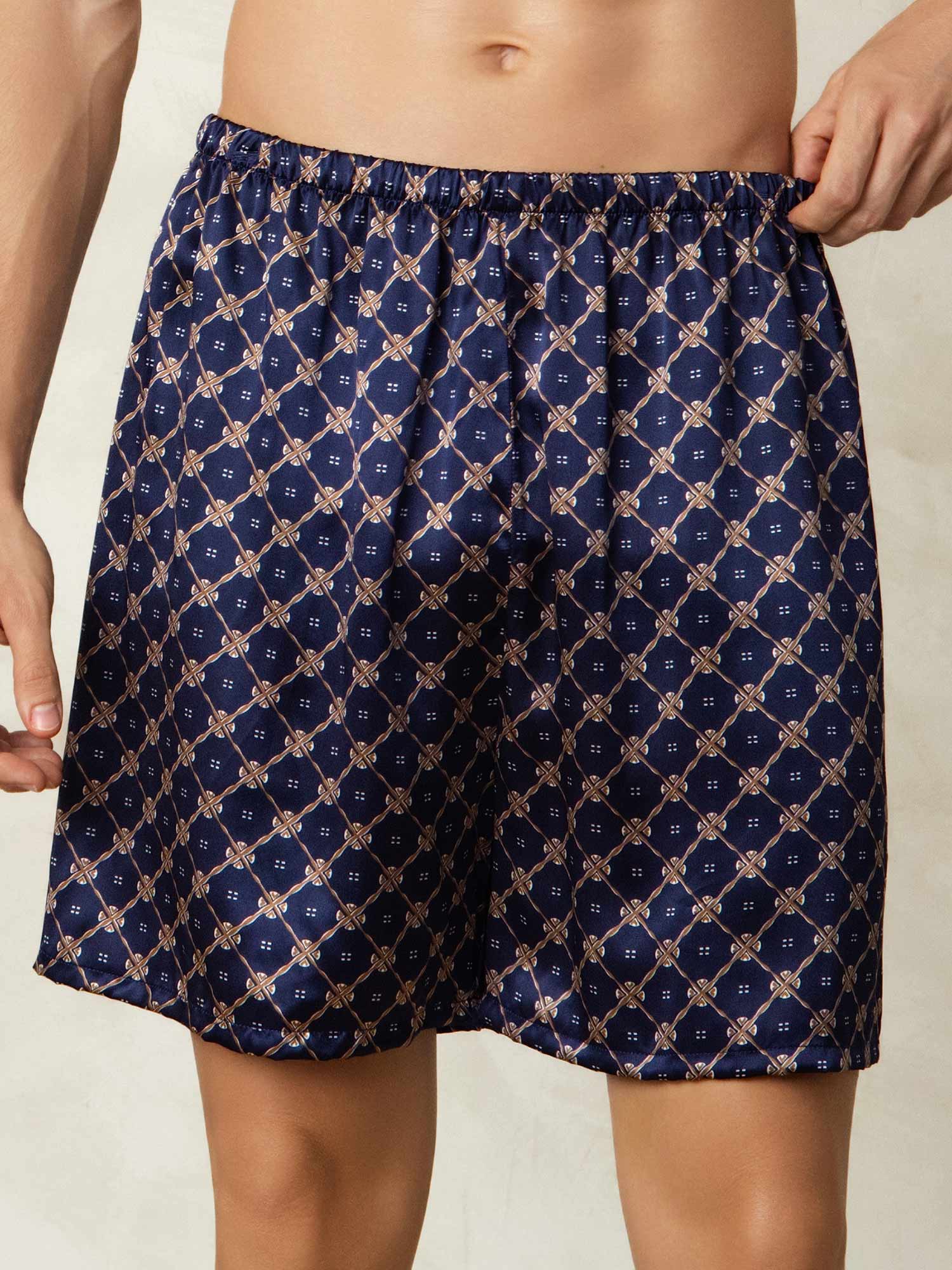 Herre Pure Silk Marine Kæde Print Elastisk Talje Soveshorts - Image 3