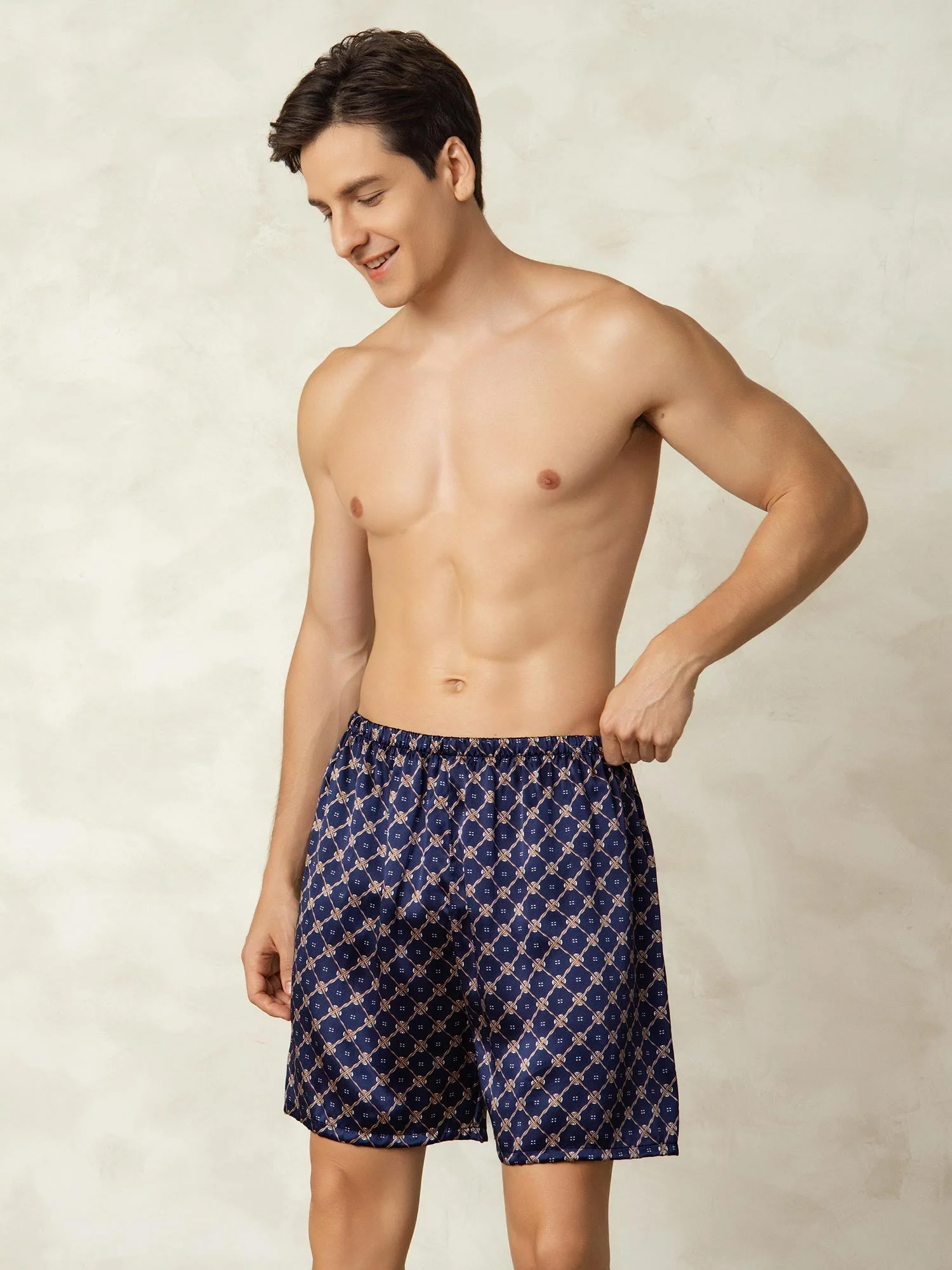 Herre Pure Silk Marine Kæde Print Elastisk Talje Soveshorts - Image 5