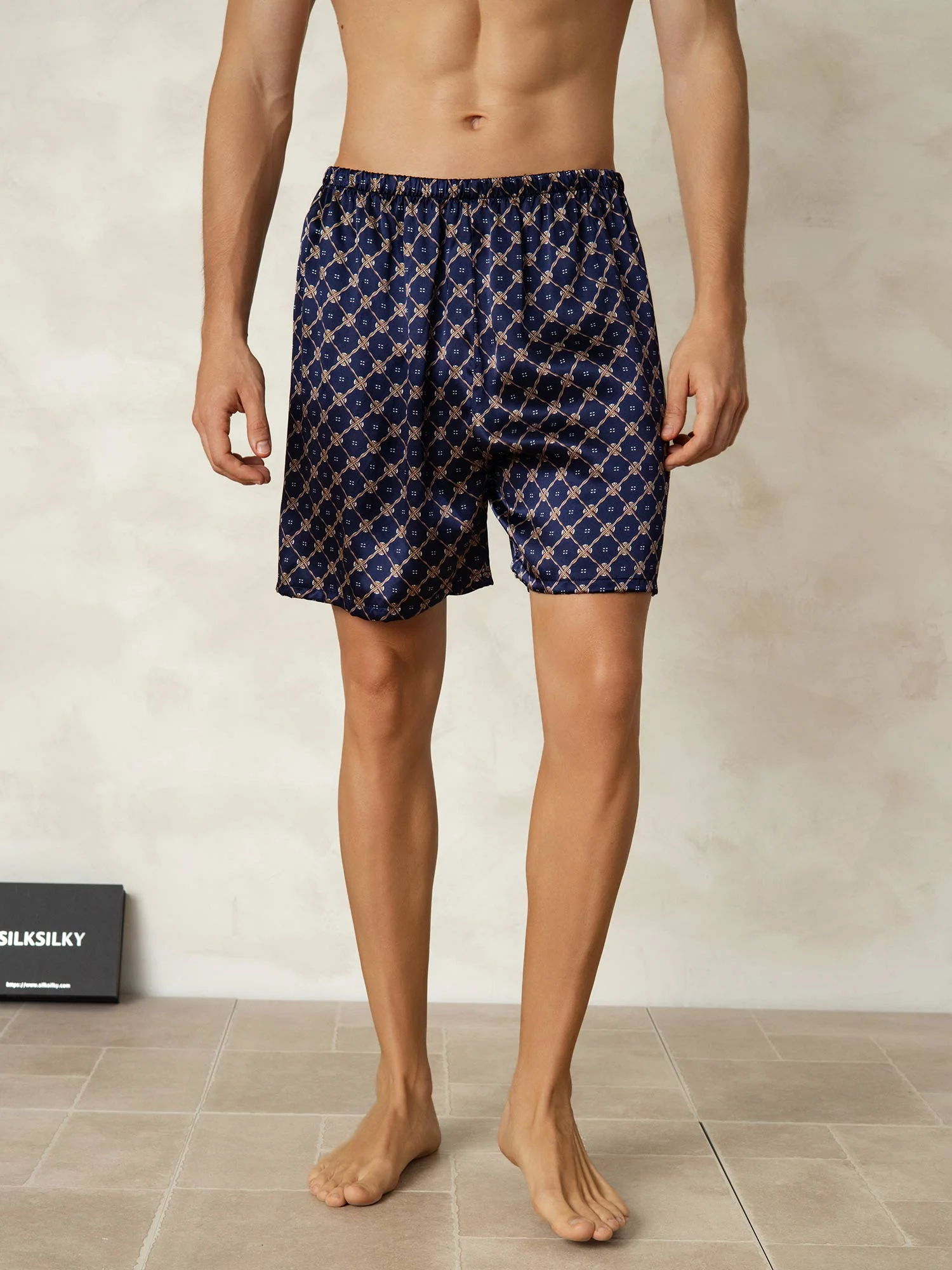 Herre Pure Silk Marine Kæde Print Elastisk Talje Soveshorts - Image 6