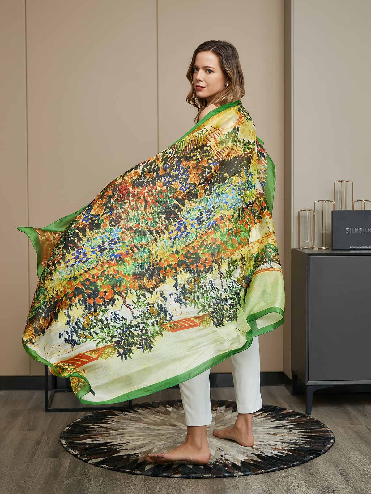 100% Silke Oliemaling Rektangel Tørklæde / Sjal 175x105cm - Image 4