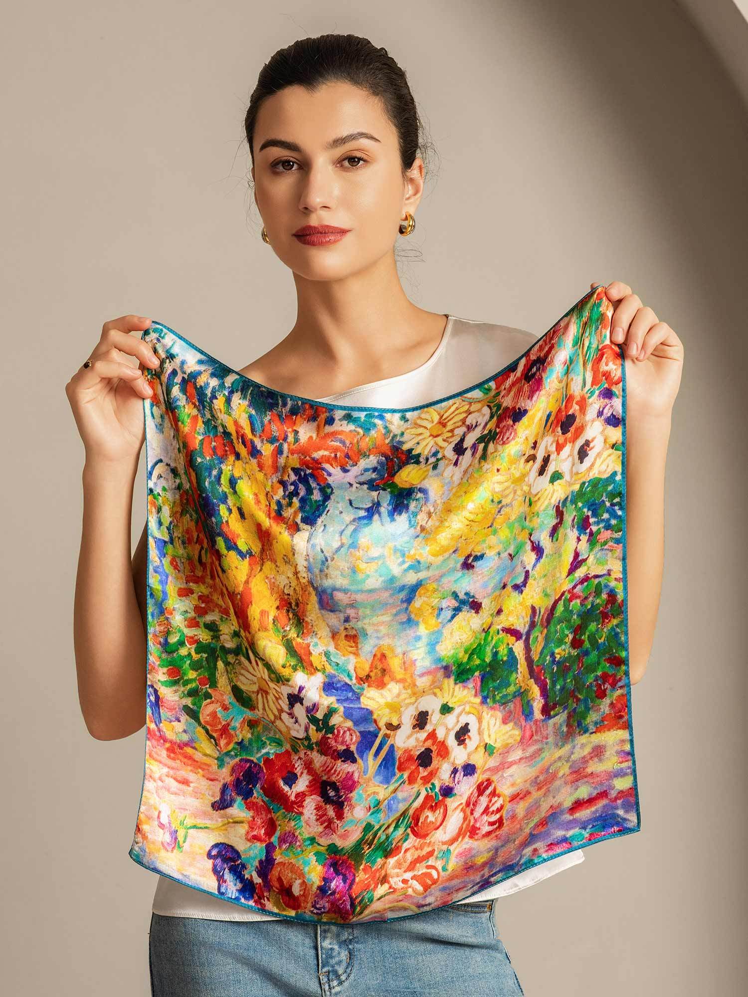 Pure Silk Olie Maleri Firkantet Tørklæde - Størrelse 53x53cm - Image 3