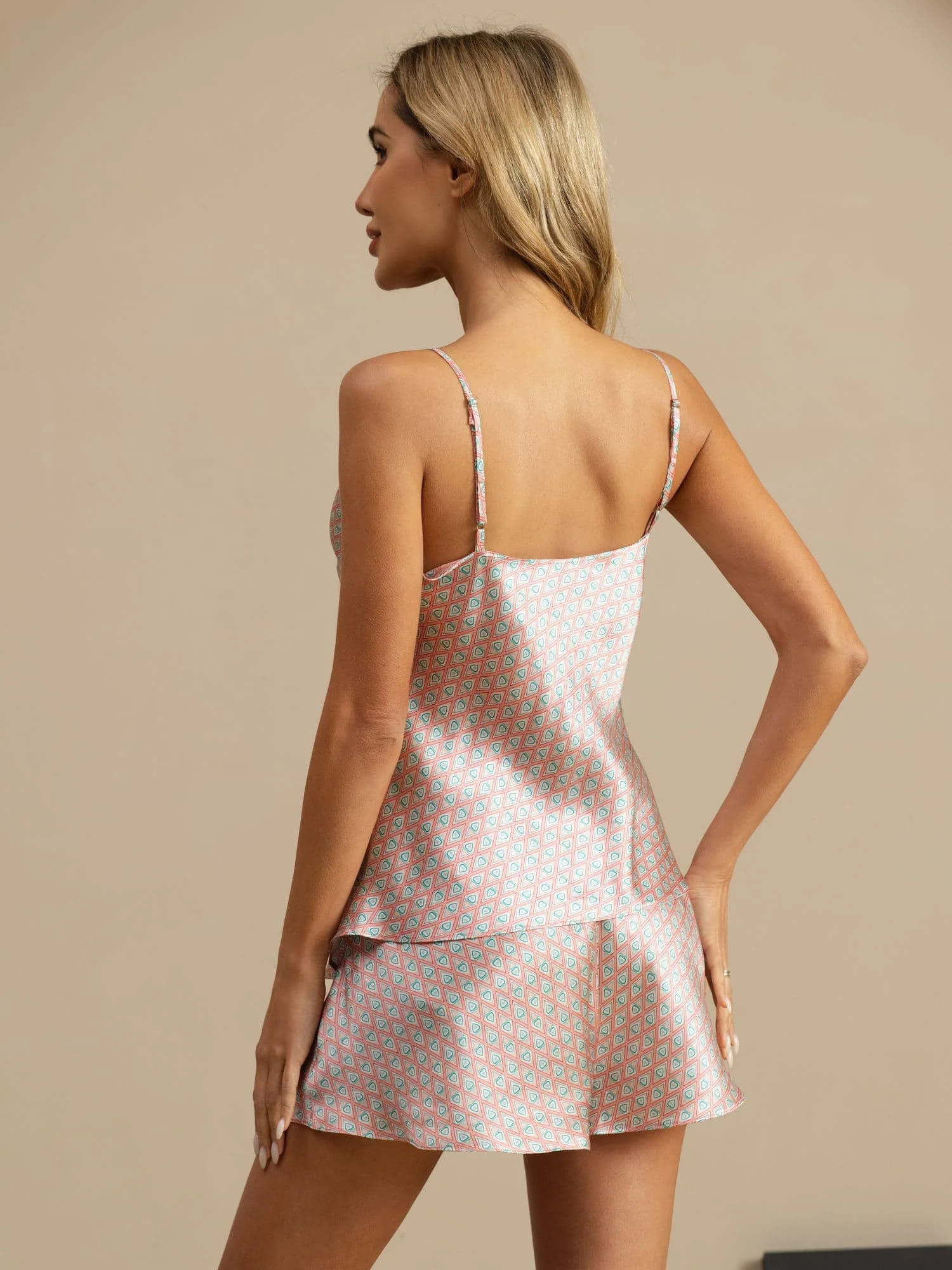 Ren Silke Geometrisk Print Spaghetti Strop V Hals Camisole Sæt - Image 7