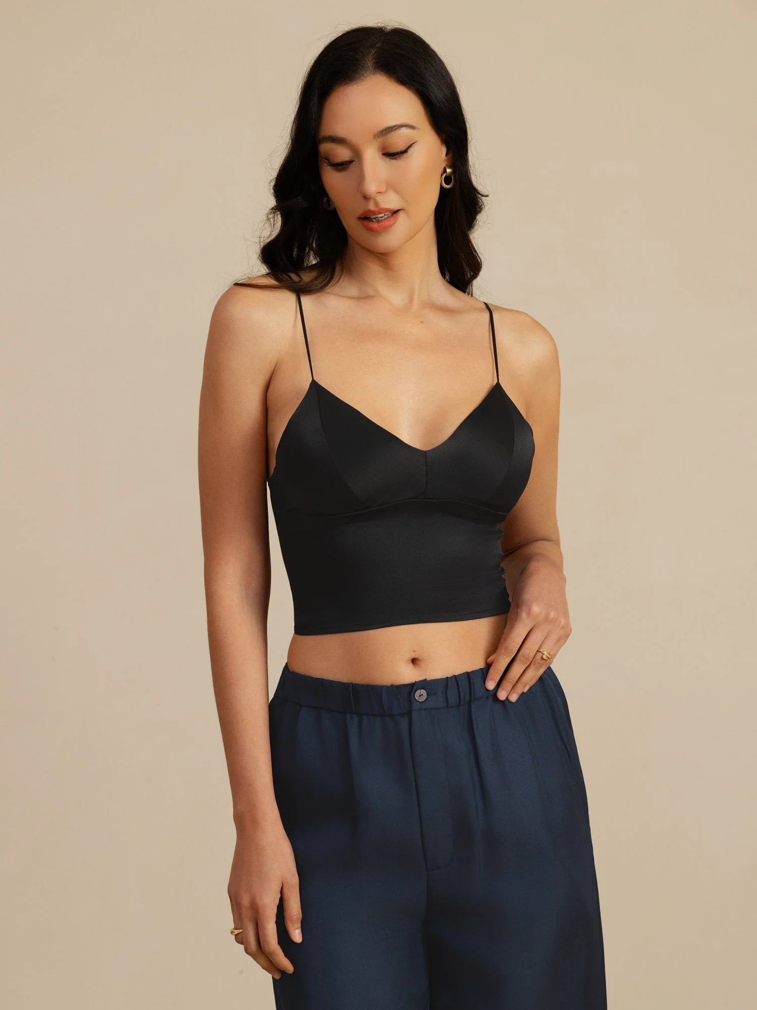 19Momme Silke Crop Top Spaghetti Stropper V Hals Camisole Med Indbygget Bh - Image 11