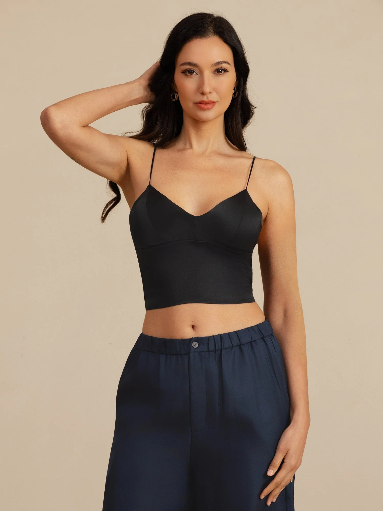 19Momme Silke Crop Top Spaghetti Stropper V Hals Camisole Med Indbygget Bh - Image 13
