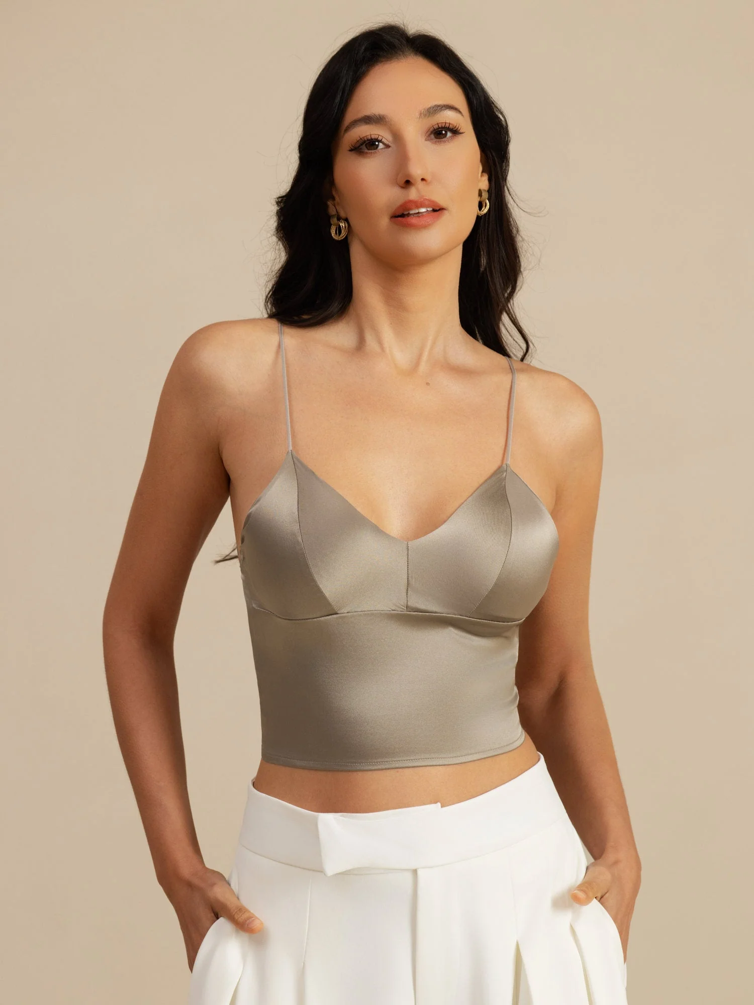 19Momme Silke Crop Top Spaghetti Stropper V Hals Camisole Med Indbygget Bh - Image 16