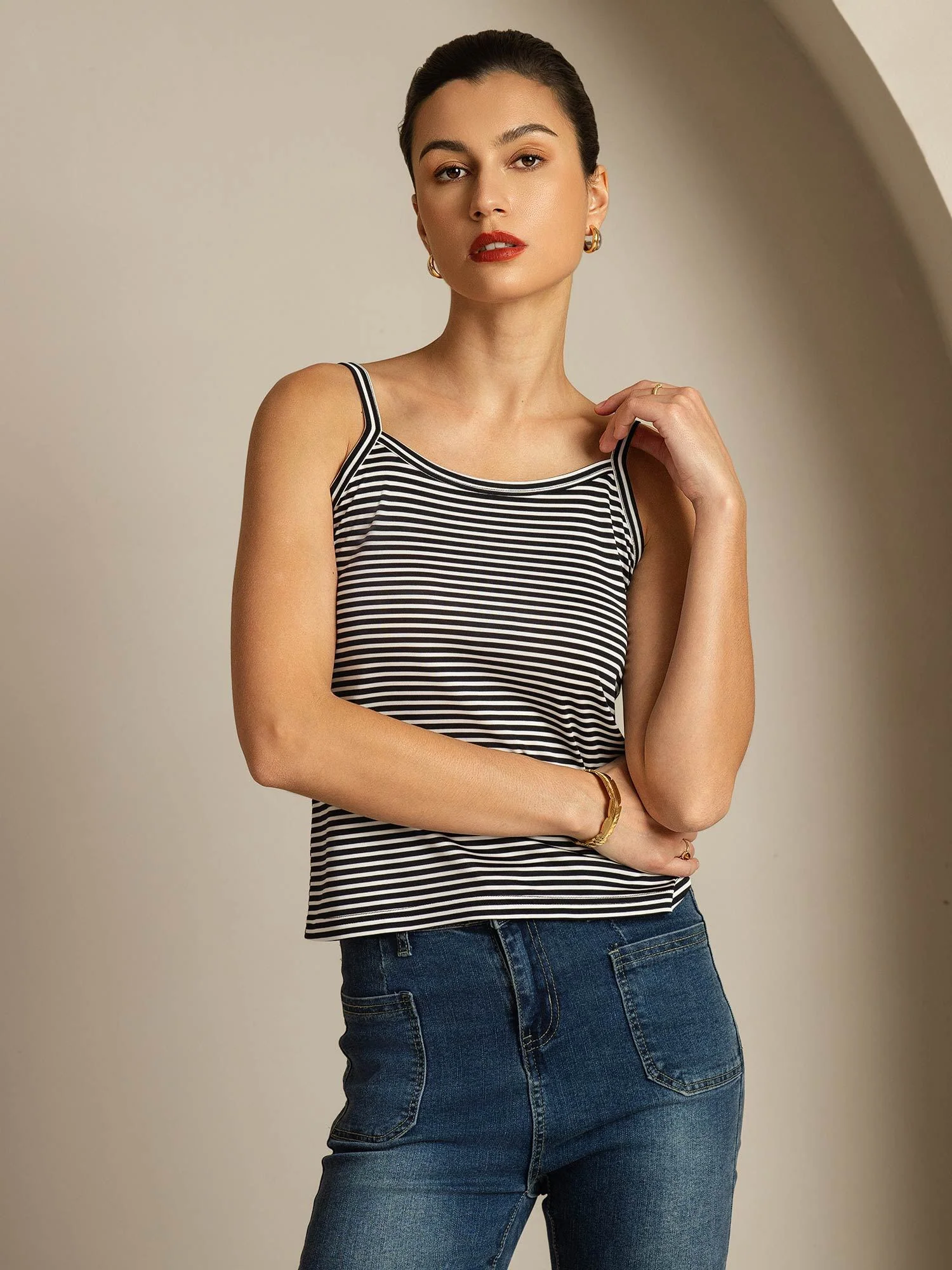 Ren Silke Spaghettistrop Firkantet Halsstribe Camisole Top - Image 3