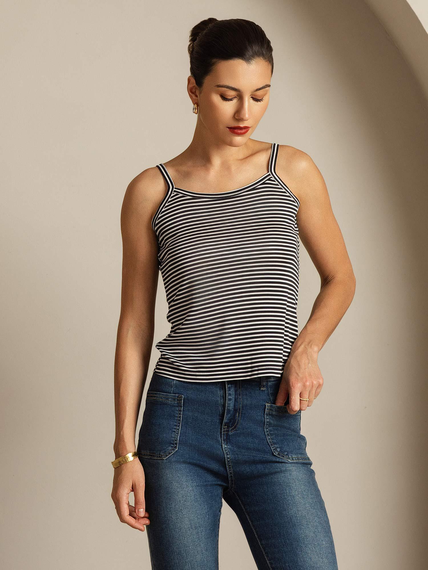 Ren Silke Spaghettistrop Firkantet Halsstribe Camisole Top - Image 4