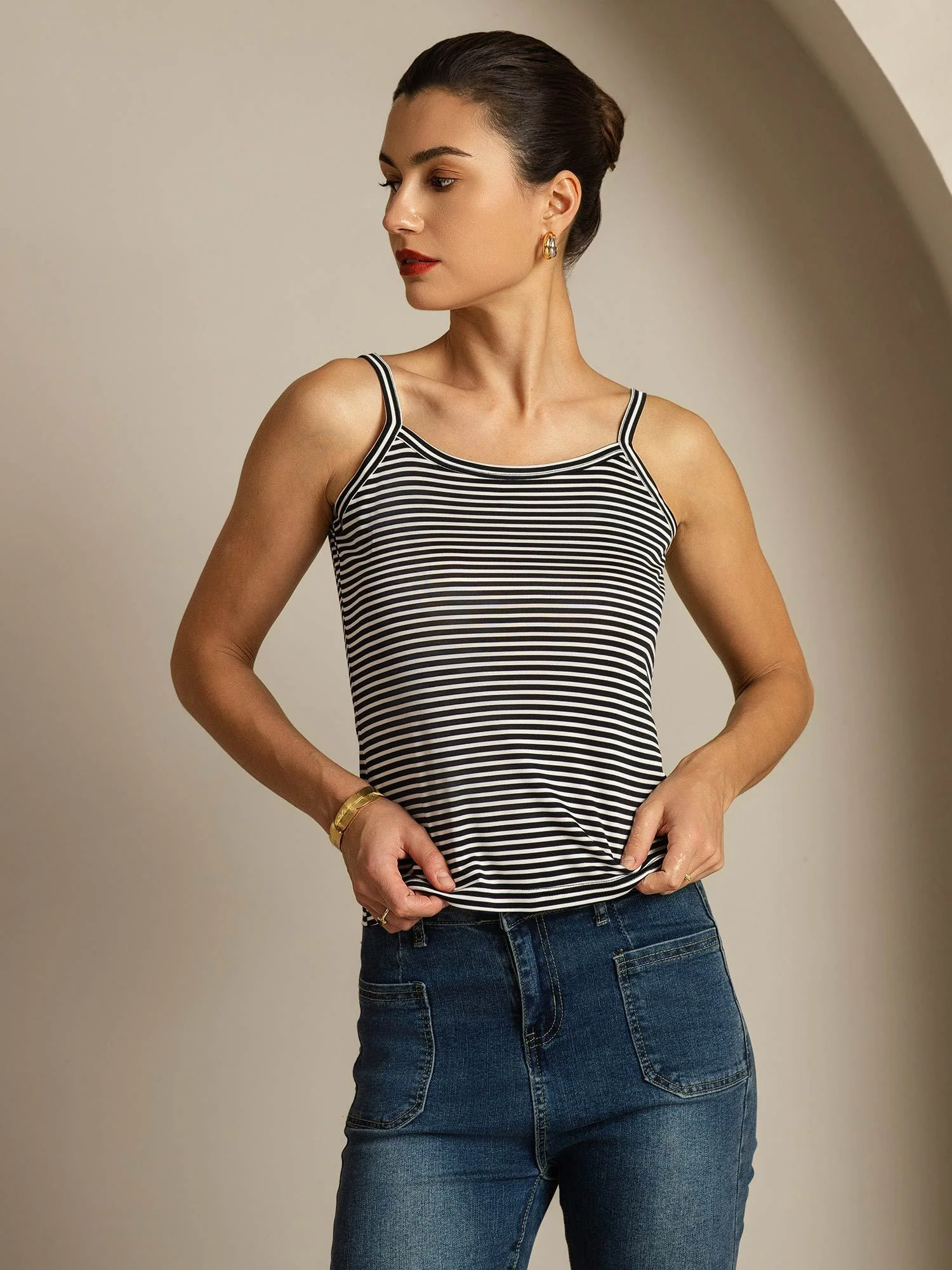 Ren Silke Spaghettistrop Firkantet Halsstribe Camisole Top - Image 5