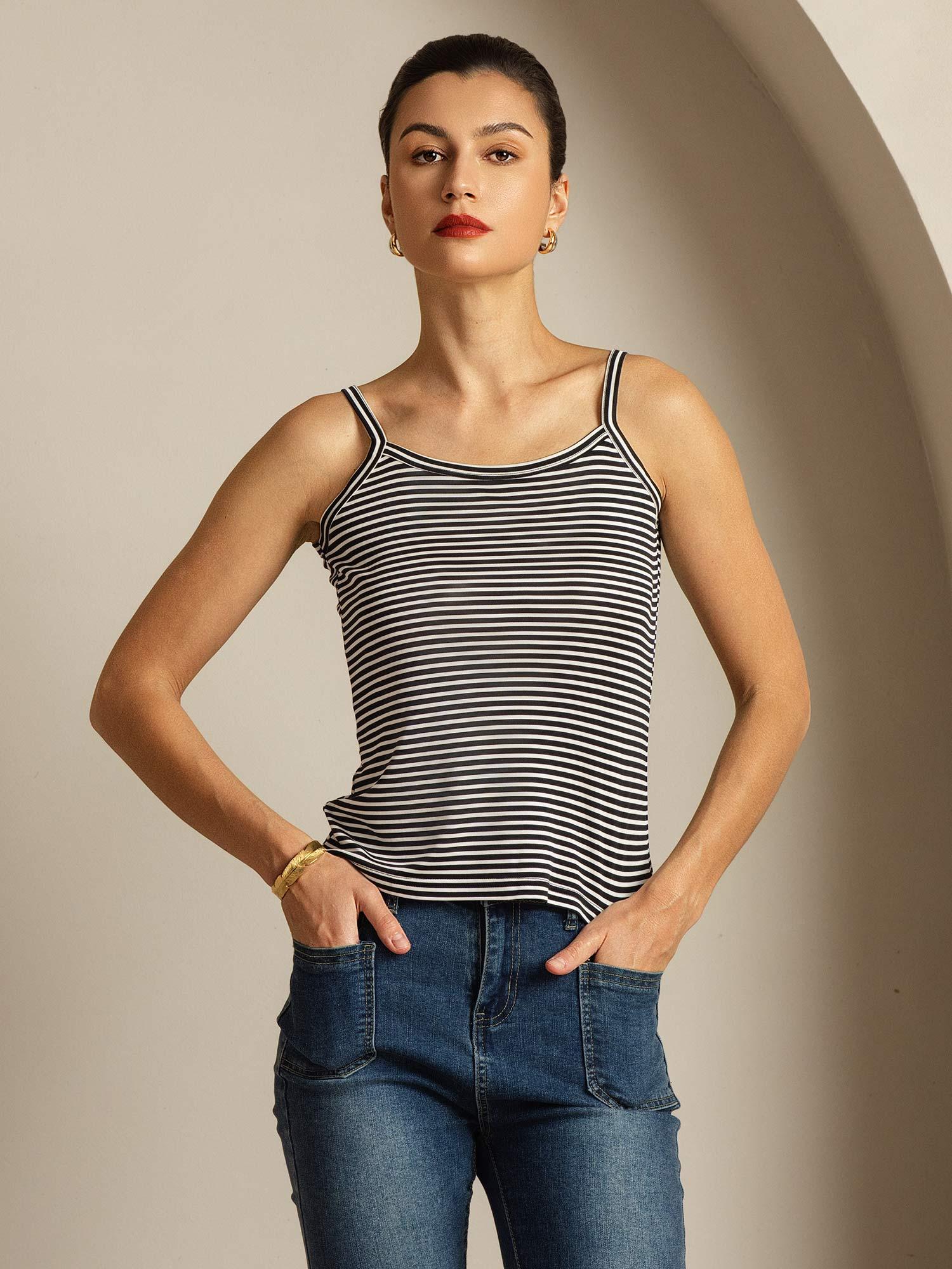 Ren Silke Spaghettistrop Firkantet Halsstribe Camisole Top - Image 6
