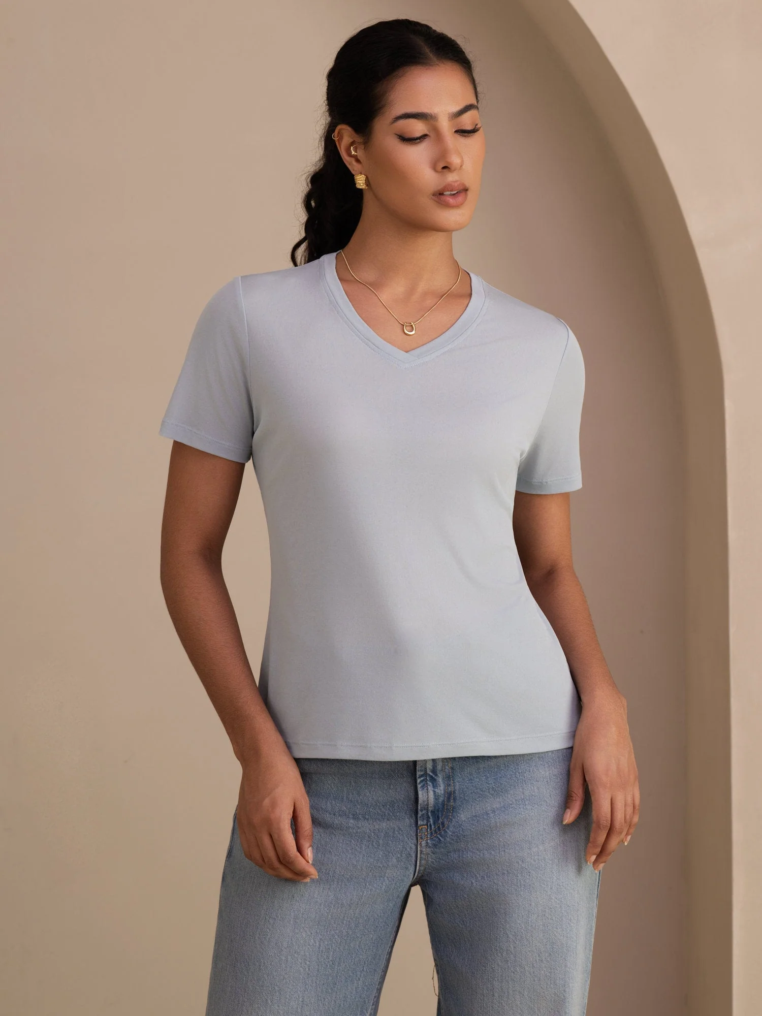 Pure Silk V-Hals Korte Ærmer Snag-Resistant Kvinders T-Shirt - Image 10