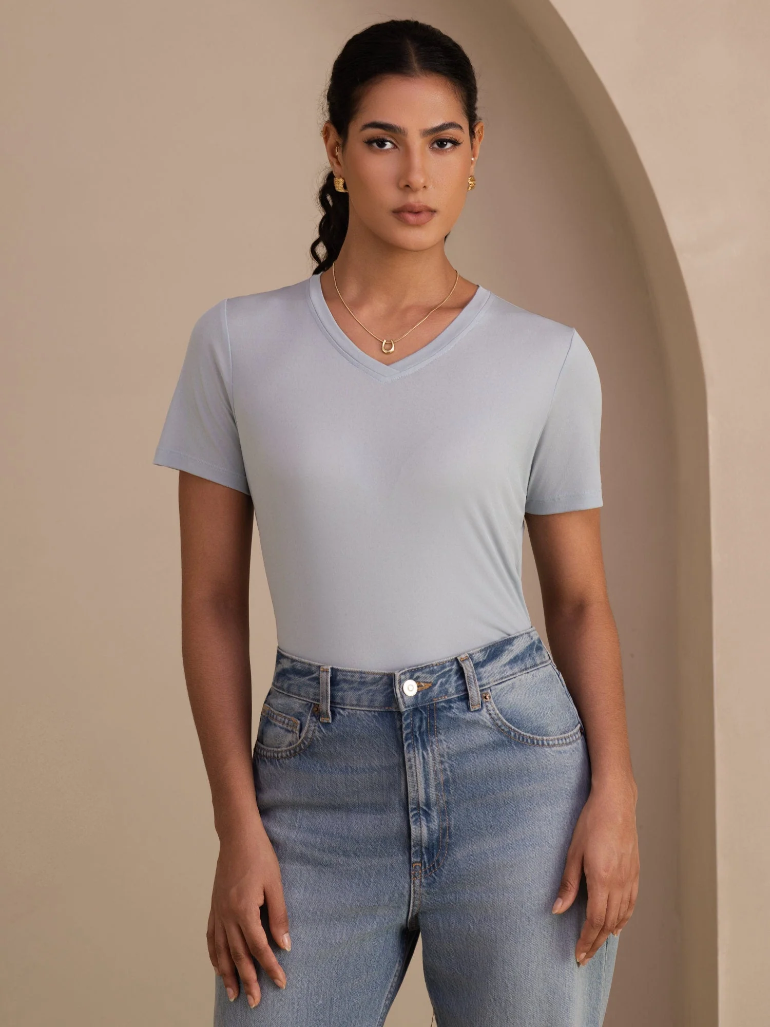 Pure Silk V-Hals Korte Ærmer Snag-Resistant Kvinders T-Shirt - Image 12