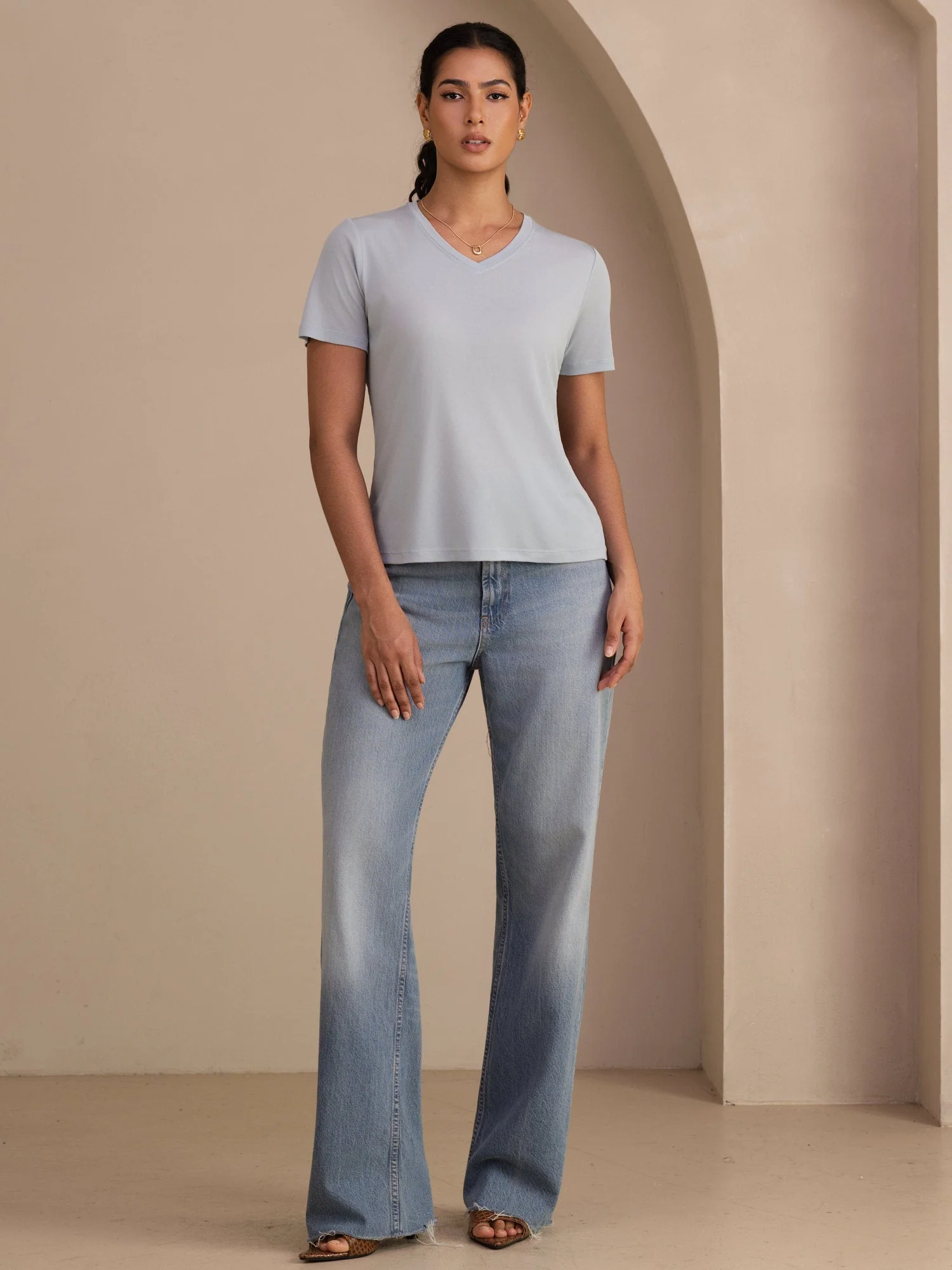 Pure Silk V-Hals Korte Ærmer Snag-Resistant Kvinders T-Shirt - Image 15