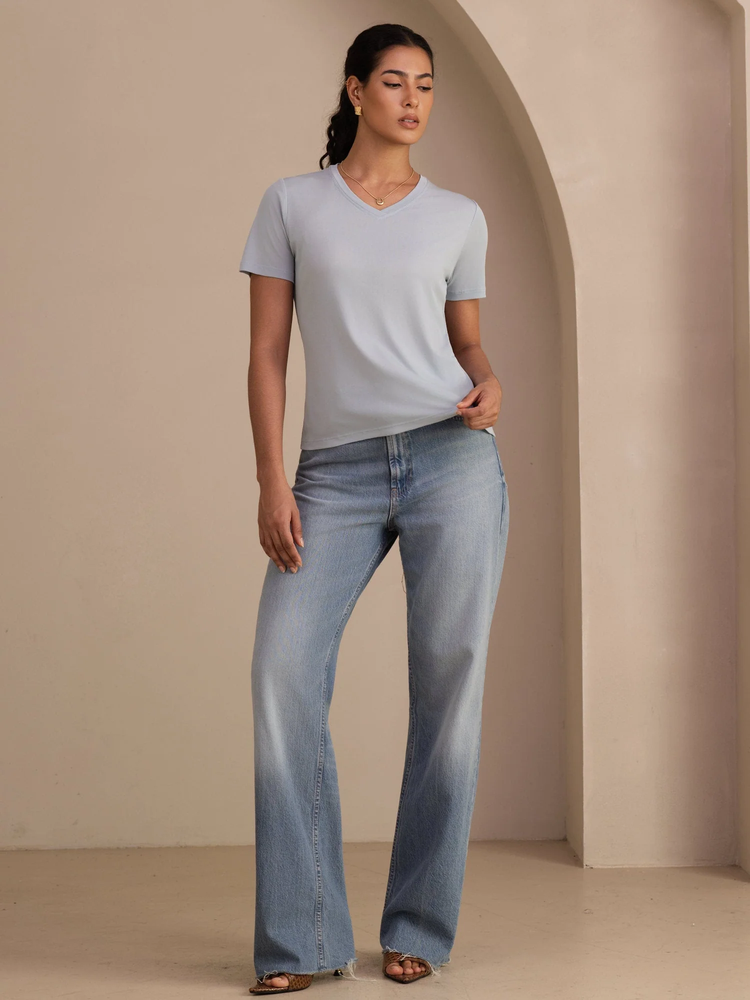 Pure Silk V-Hals Korte Ærmer Snag-Resistant Kvinders T-Shirt - Image 16