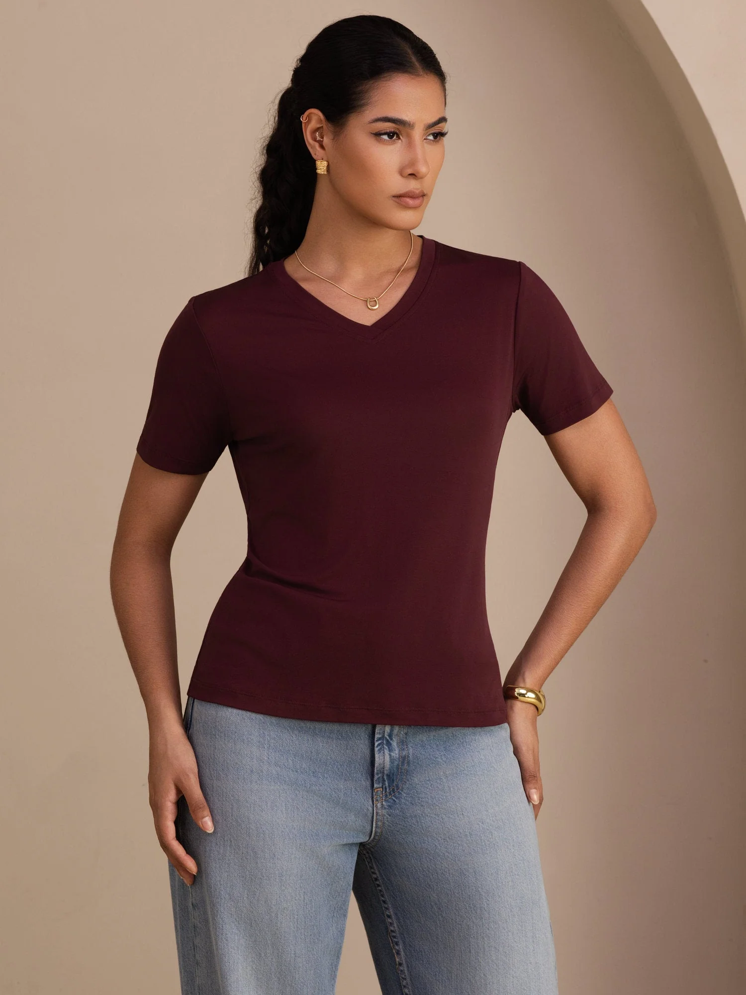 Pure Silk V-Hals Korte Ærmer Snag-Resistant Kvinders T-Shirt - Image 17