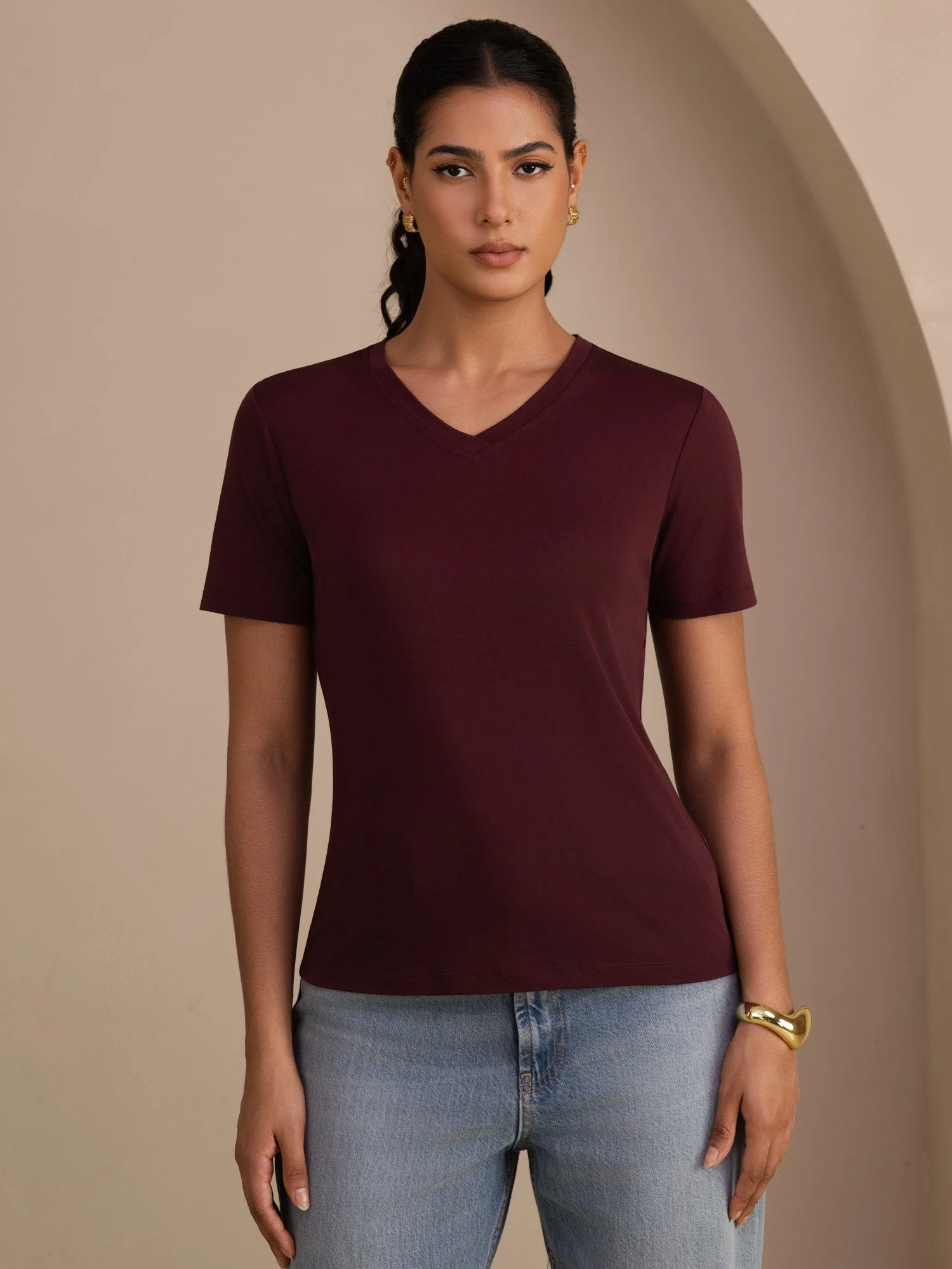 Pure Silk V-Hals Korte Ærmer Snag-Resistant Kvinders T-Shirt - Image 19