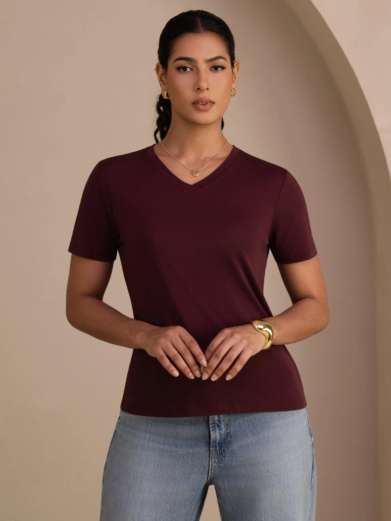 Pure Silk V-Hals Korte Ærmer Snag-Resistant Kvinders T-Shirt - Image 20