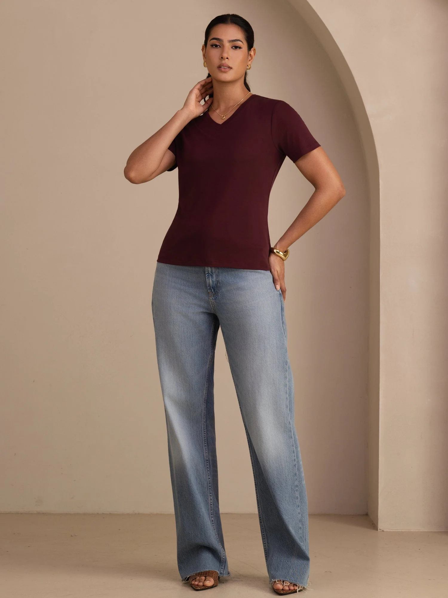 Pure Silk V-Hals Korte Ærmer Snag-Resistant Kvinders T-Shirt - Image 22