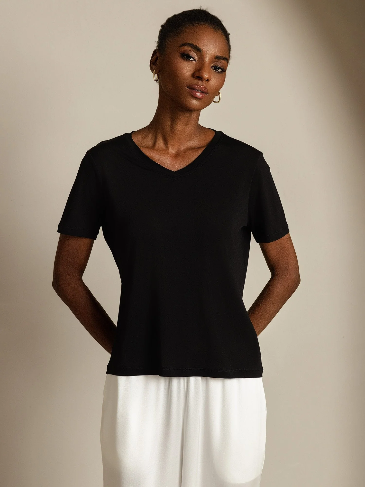 Pure Silk V-Hals Korte Ærmer Snag-Resistant Kvinders T-Shirt - Image 30