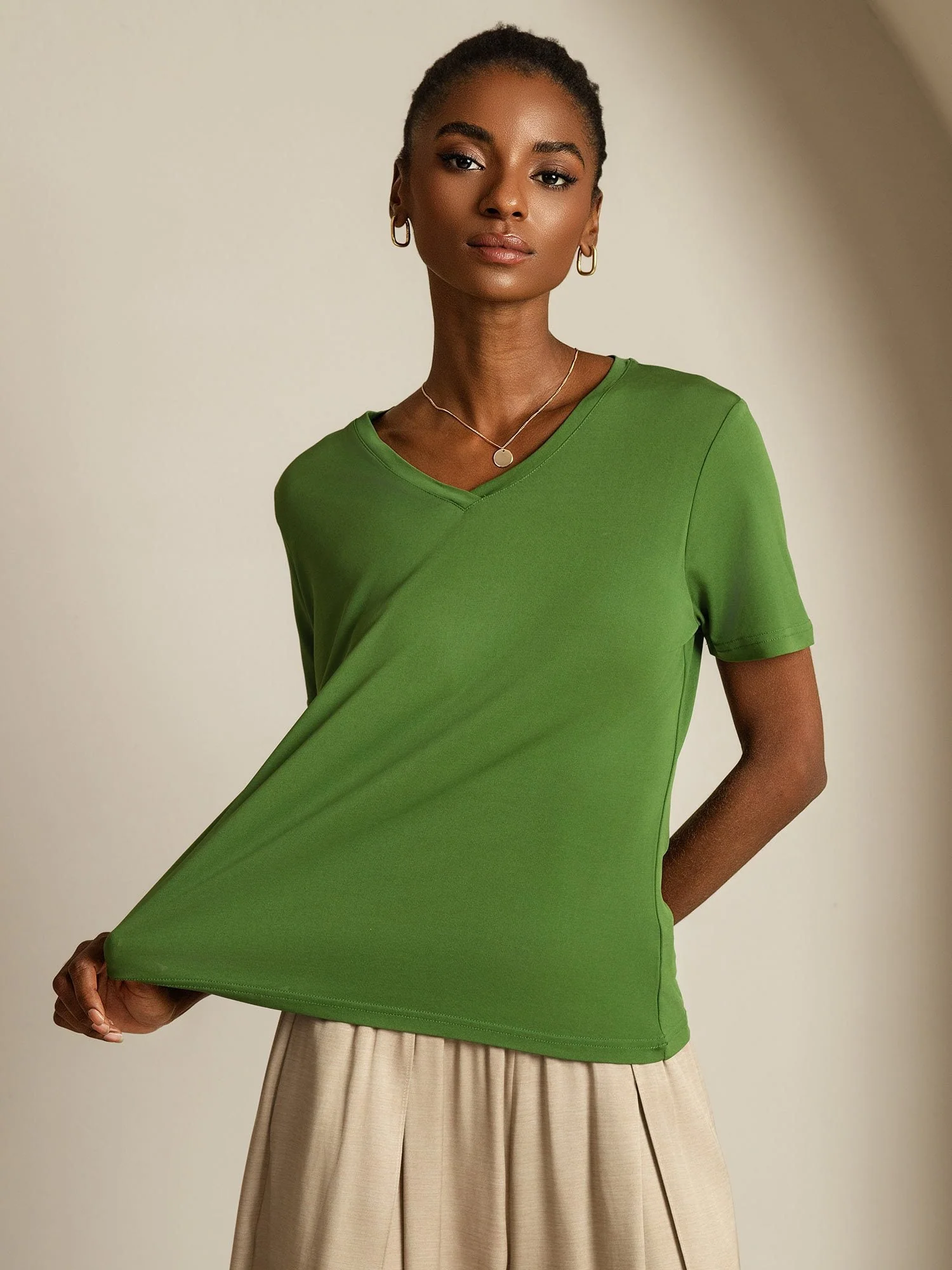 Pure Silk V-Hals Korte Ærmer Snag-Resistant Kvinders T-Shirt - Image 43