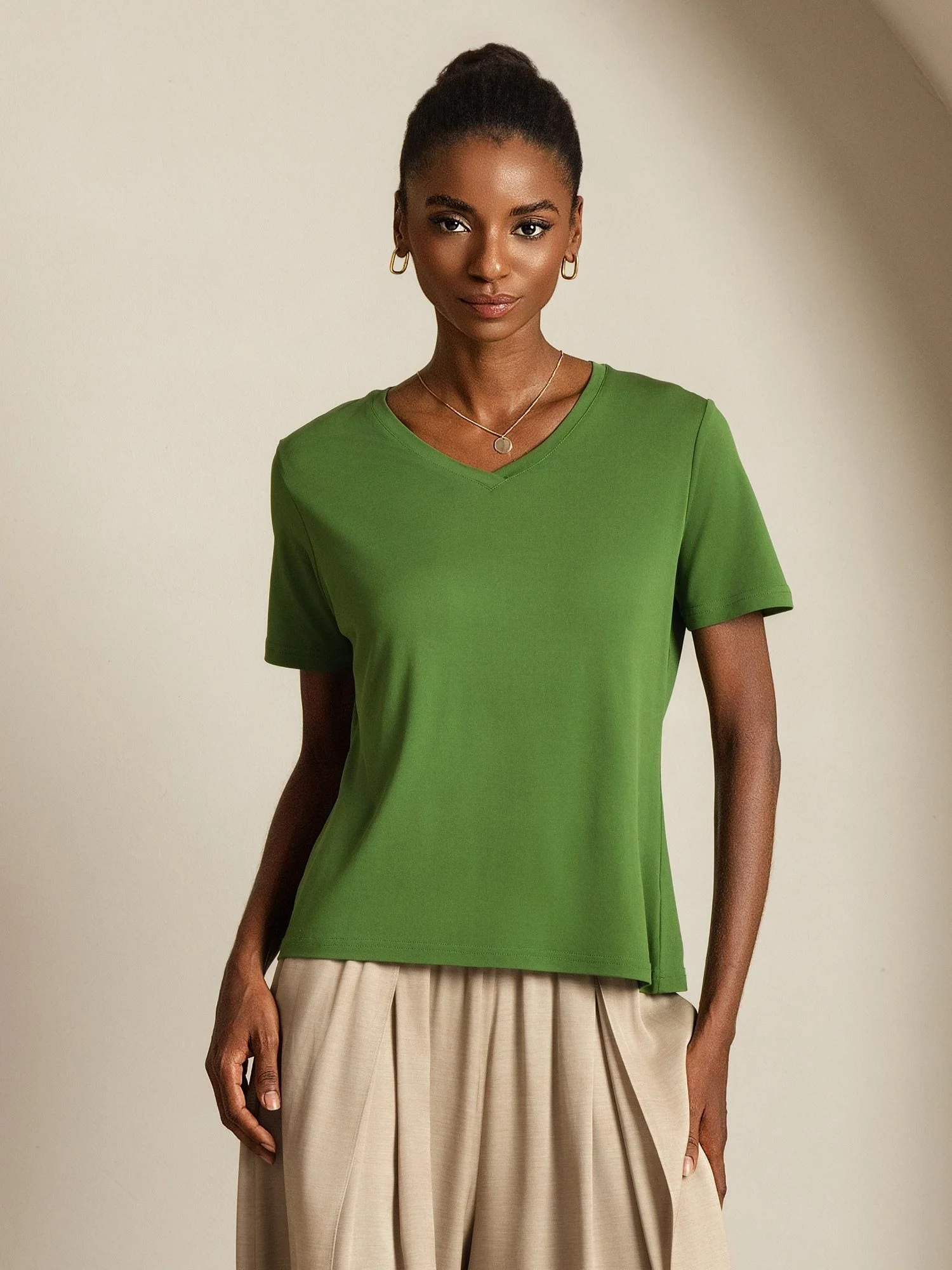 Pure Silk V-Hals Korte Ærmer Snag-Resistant Kvinders T-Shirt - Image 45
