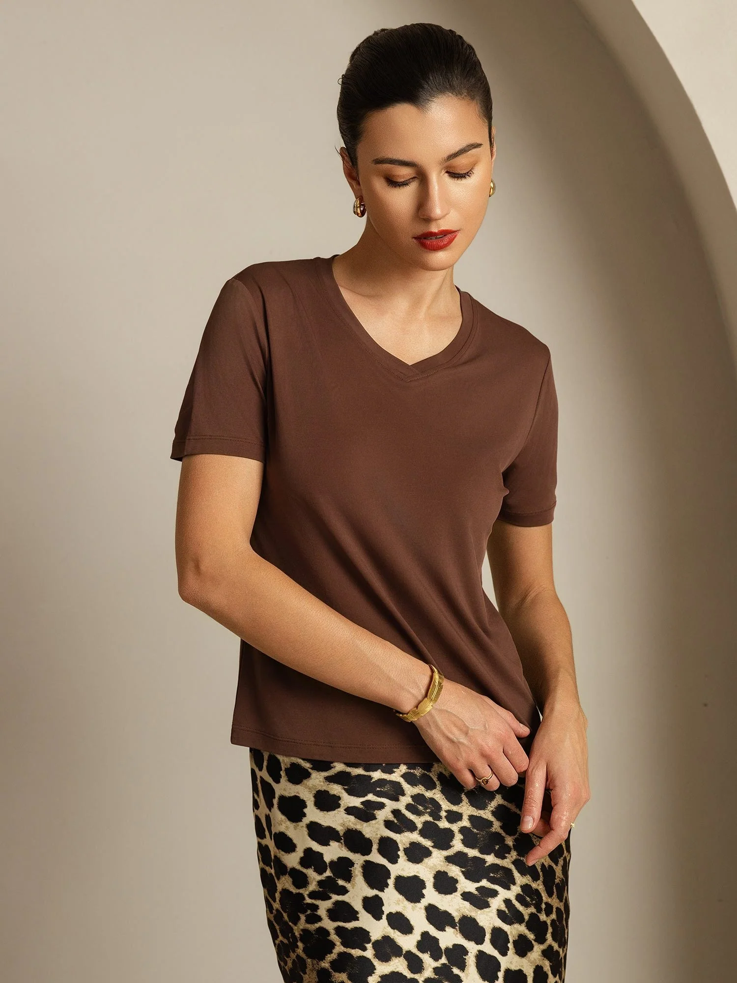 Pure Silk V-Hals Korte Ærmer Snag-Resistant Kvinders T-Shirt - Image 52